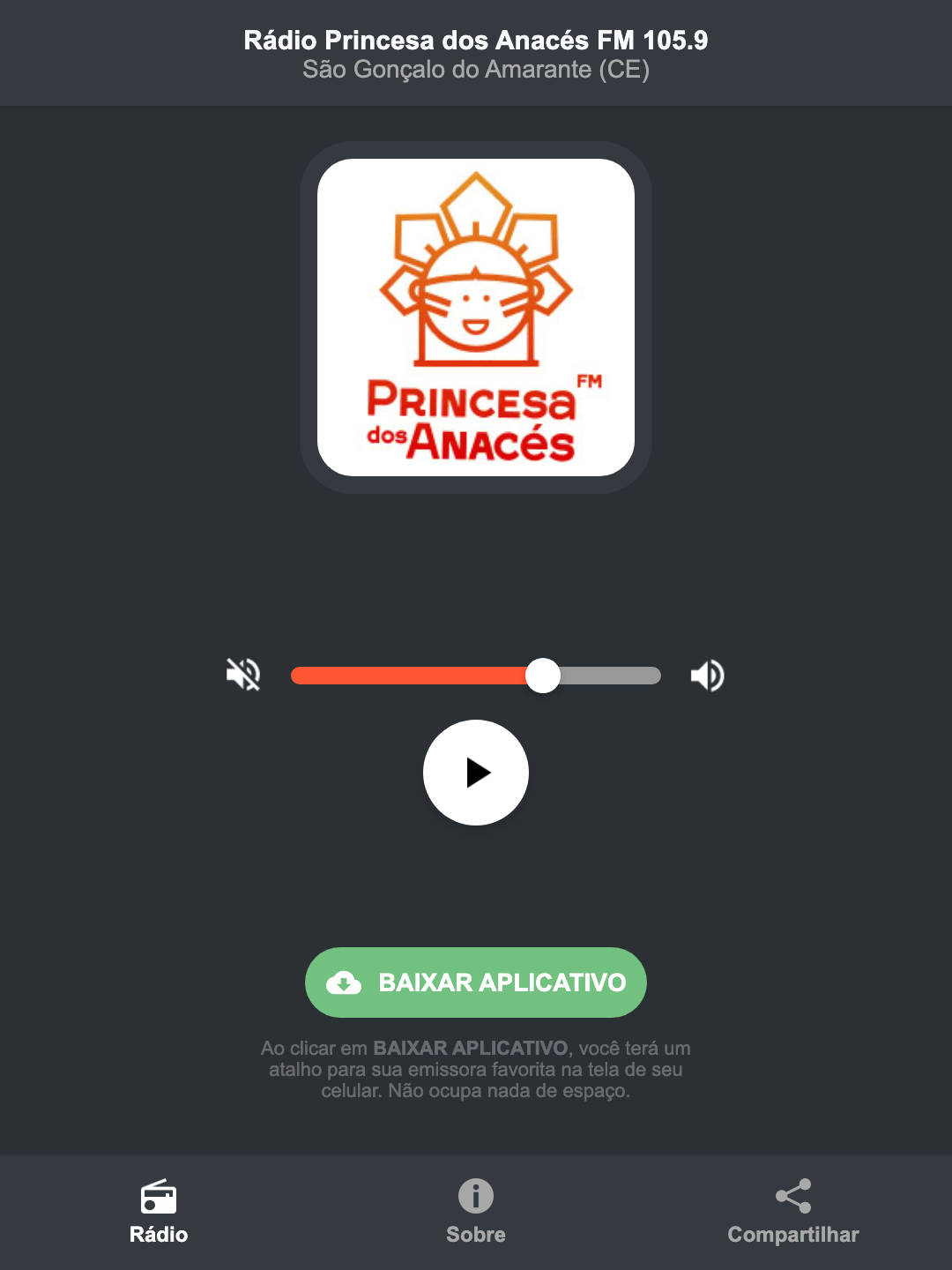 Screenshot do aplicativo da Rádio Princesa dos Anacés FM 105.9