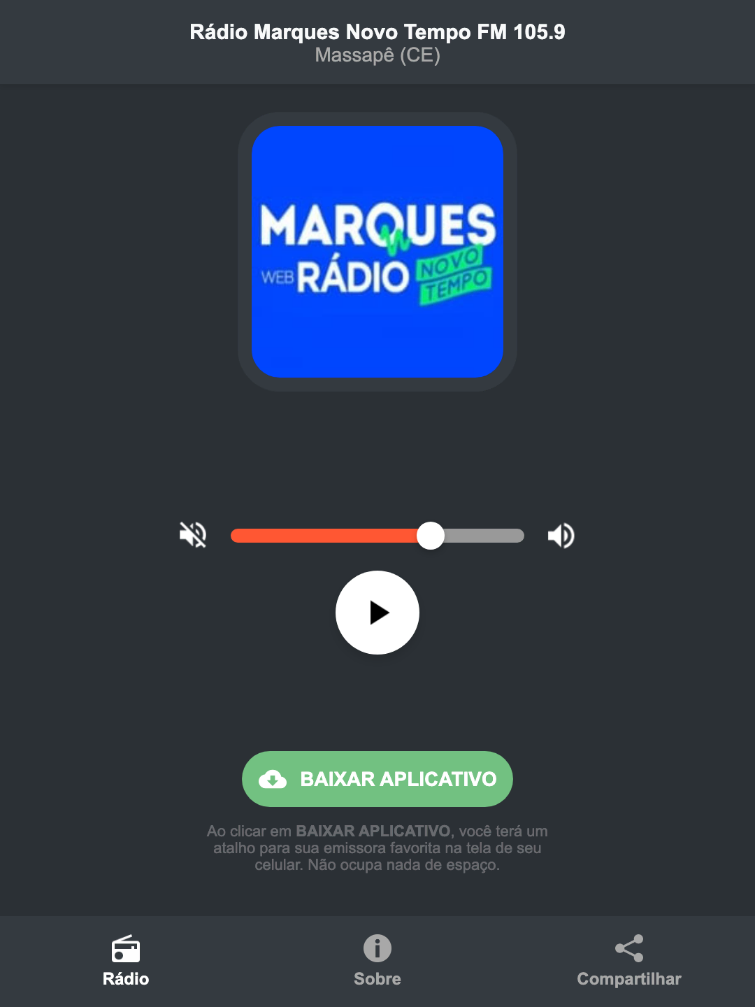 Screenshot do aplicativo da Rádio Marques Novo Tempo FM 105.9