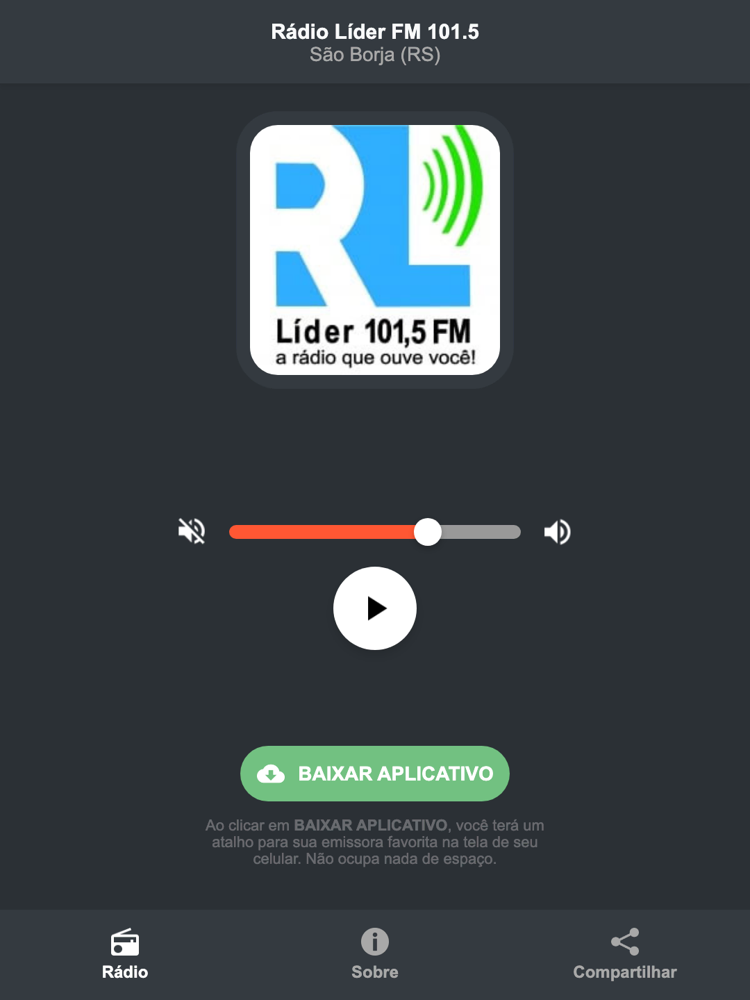 Screenshot do aplicativo da Rádio Líder FM 101.5