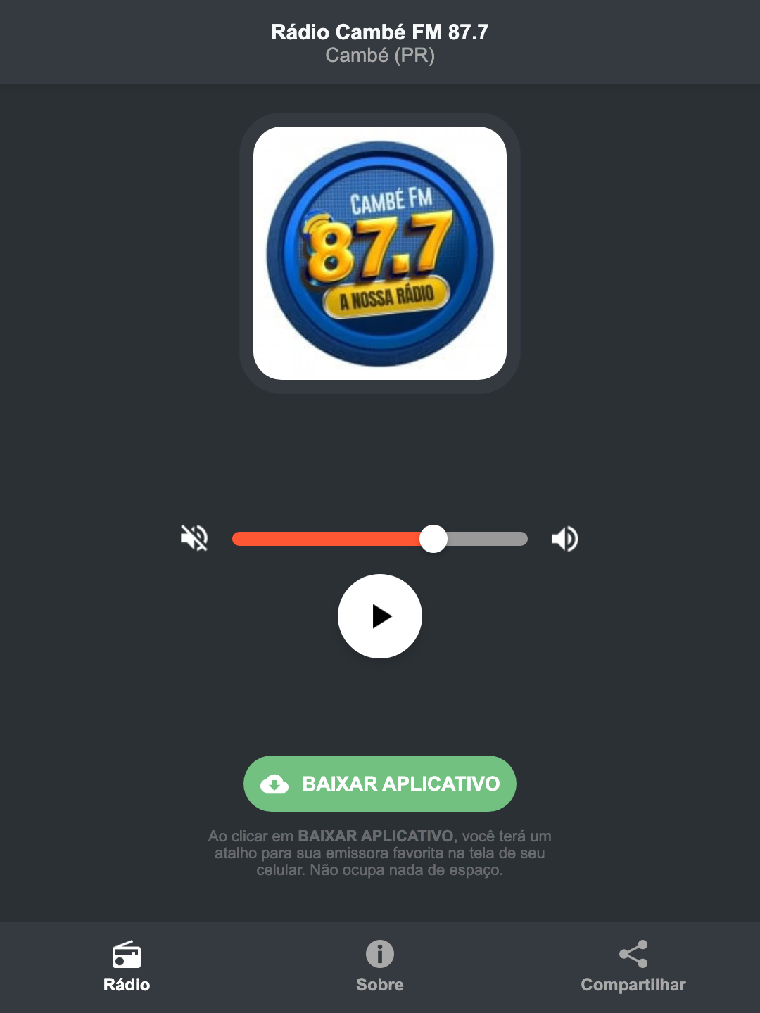 Screenshot do aplicativo da Rádio Cambé FM 87.7