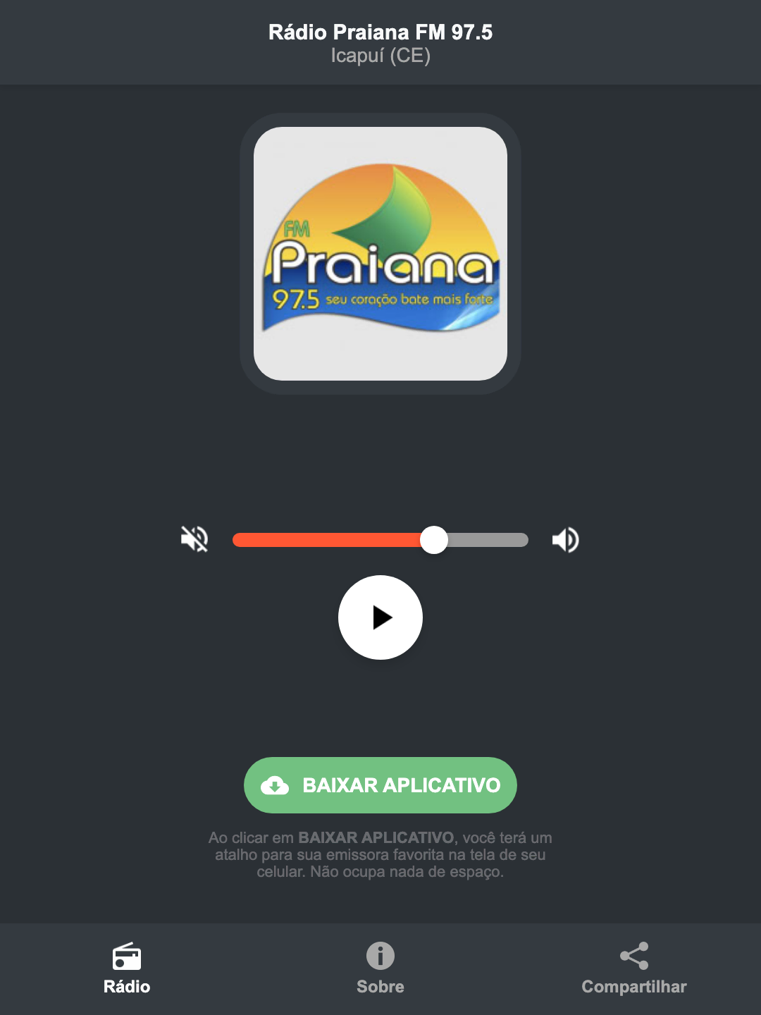 Screenshot do aplicativo da Rádio Praiana FM 97.5