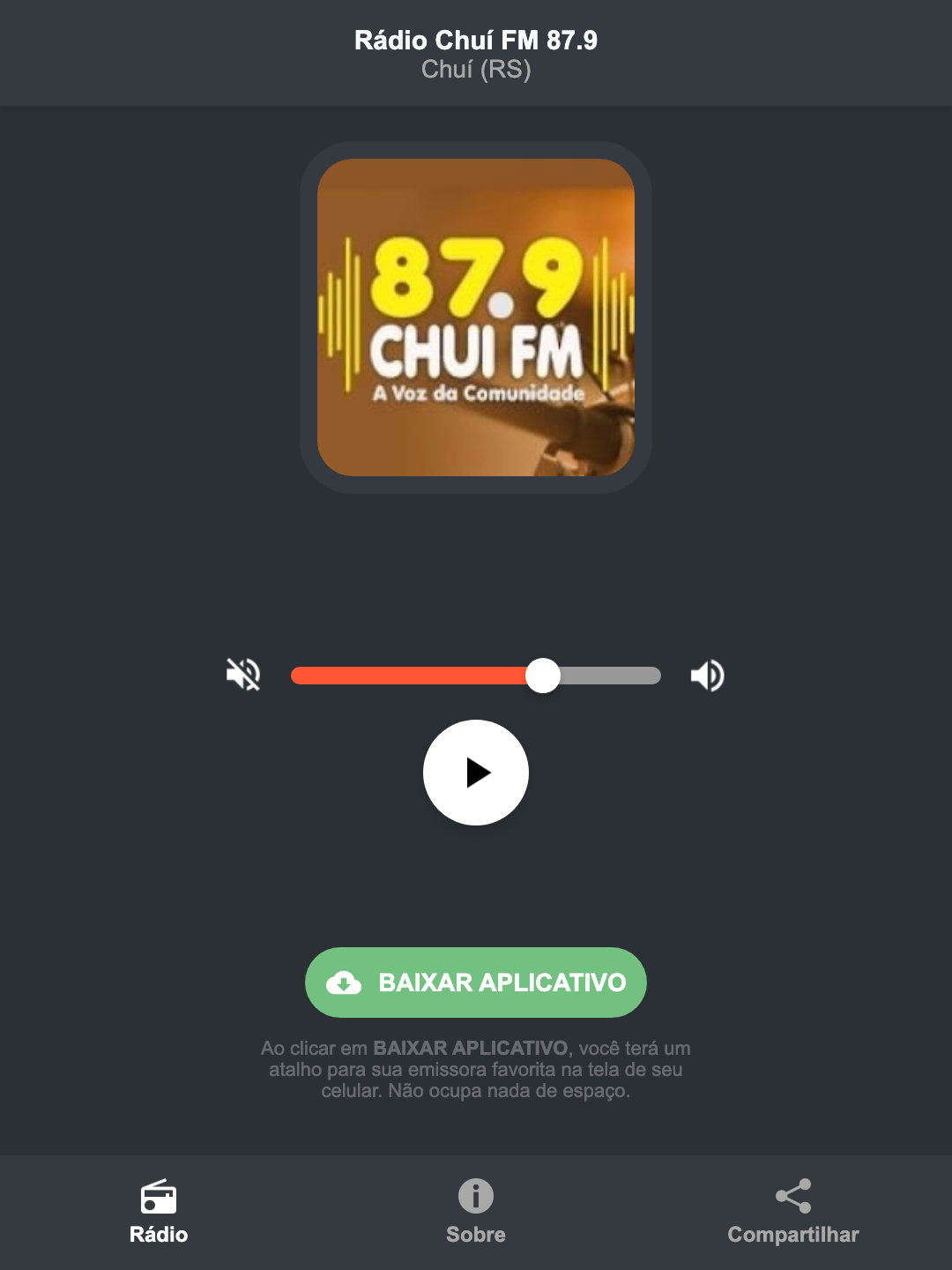 Screenshot do aplicativo da Rádio Chuí FM 87.9