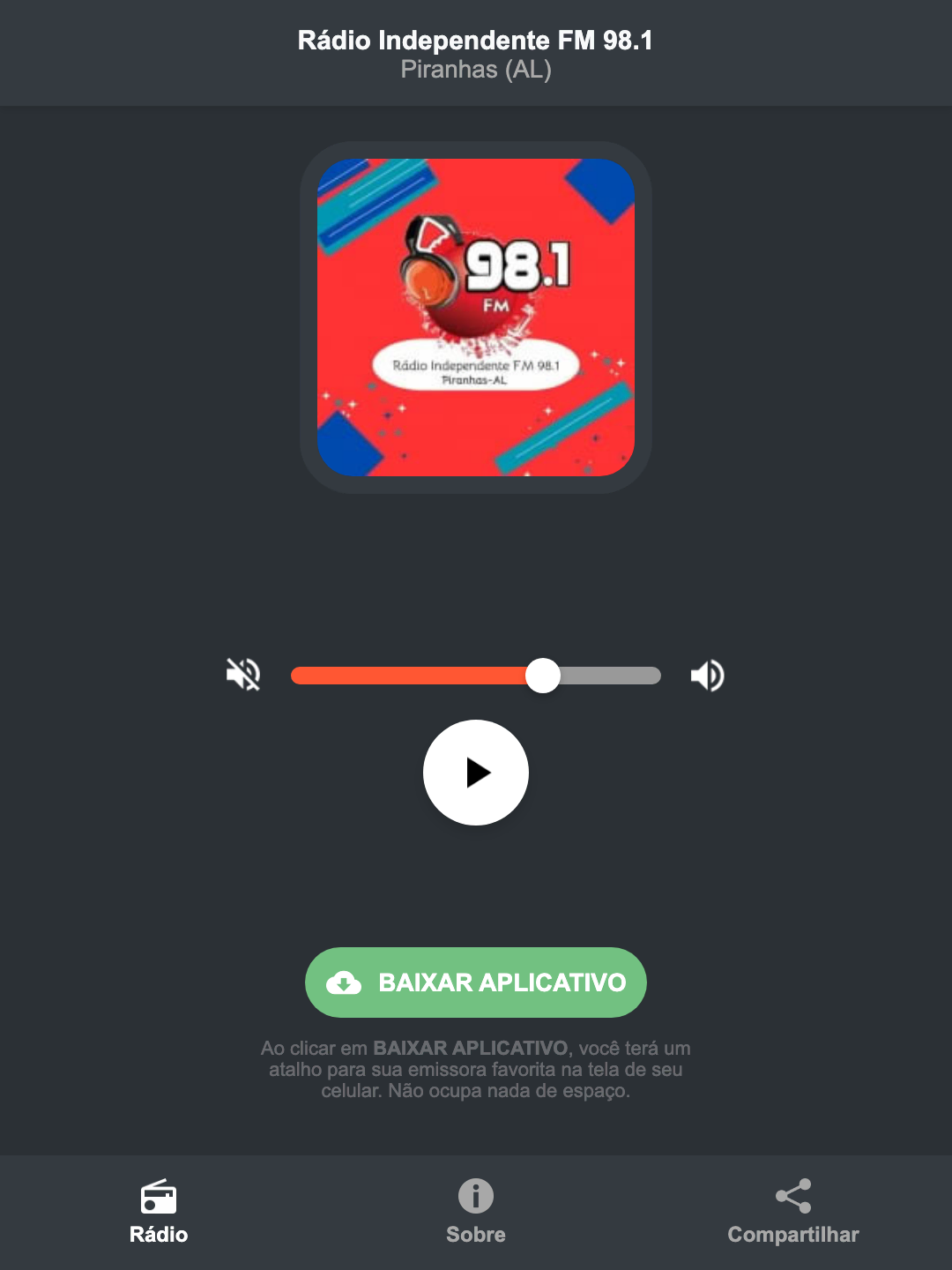 Screenshot do aplicativo da Rádio Independente FM 98.1