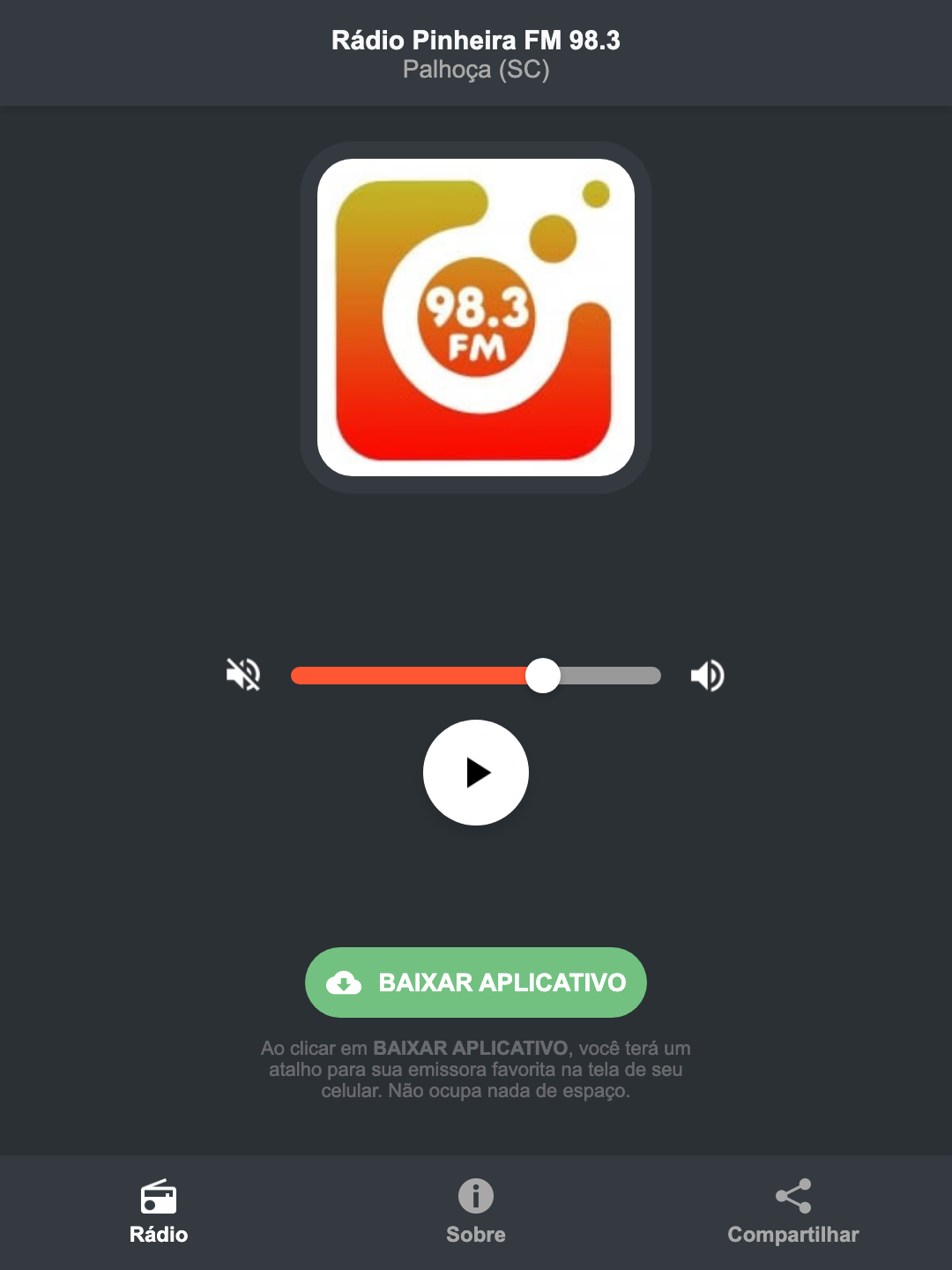 Screenshot do aplicativo da Rádio Pinheira FM 98.3