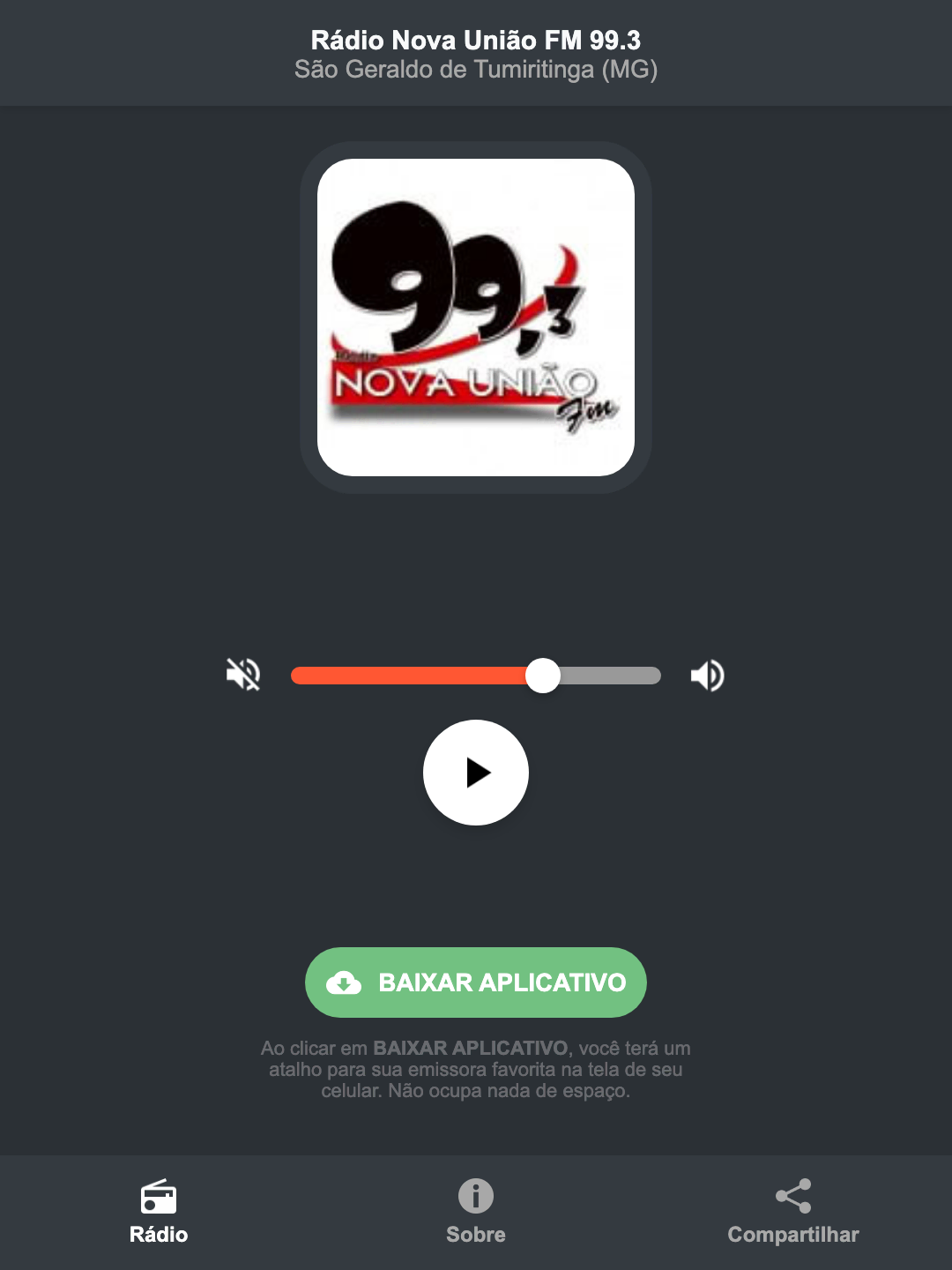 Screenshot do aplicativo da Rádio Nova União FM 99.3