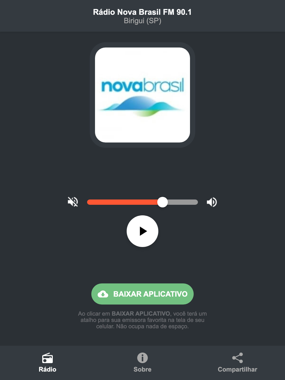 Screenshot do aplicativo da Rádio Nova Brasil FM 90.1