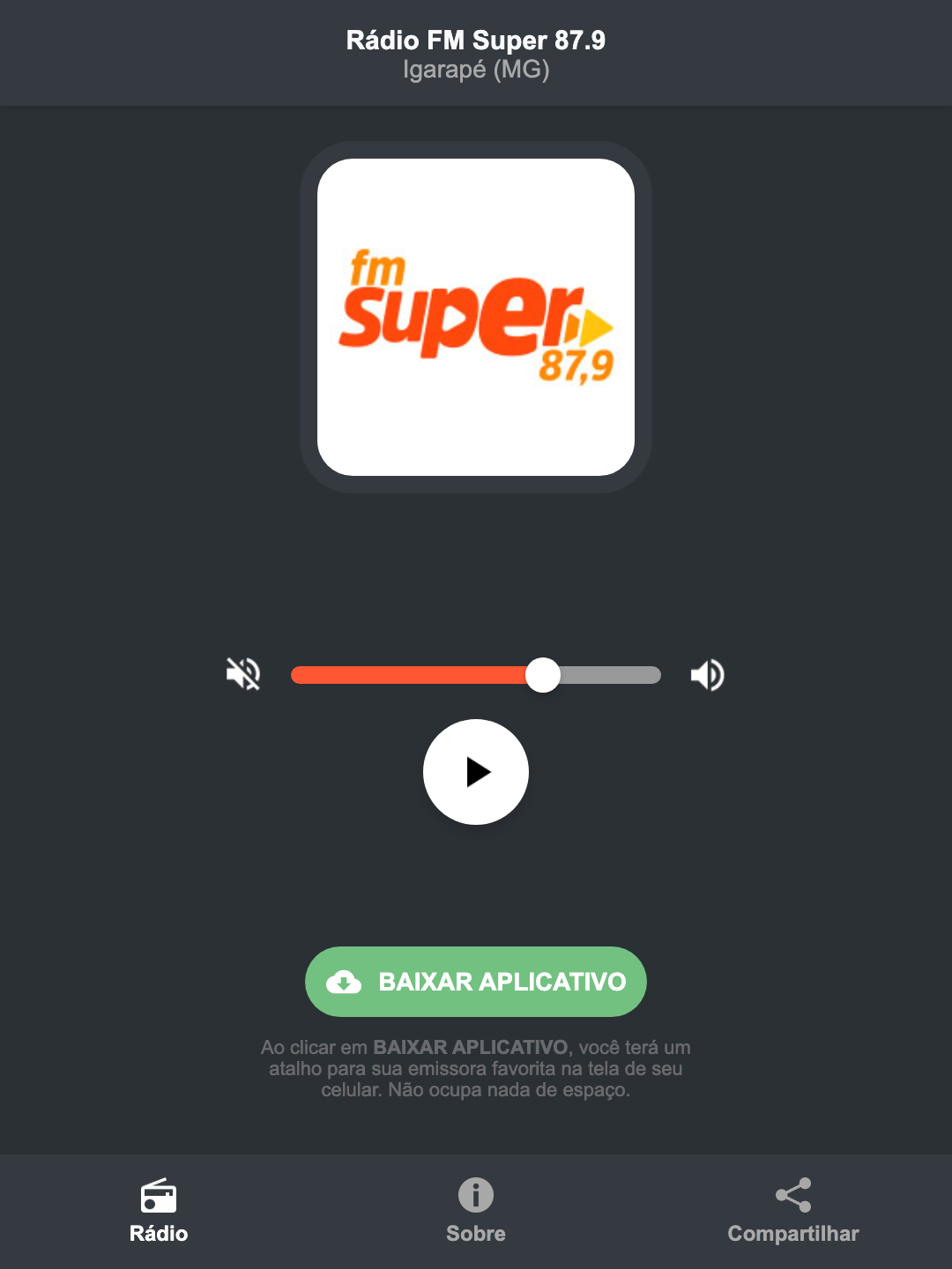 Screenshot do aplicativo da Rádio FM Super 87.9