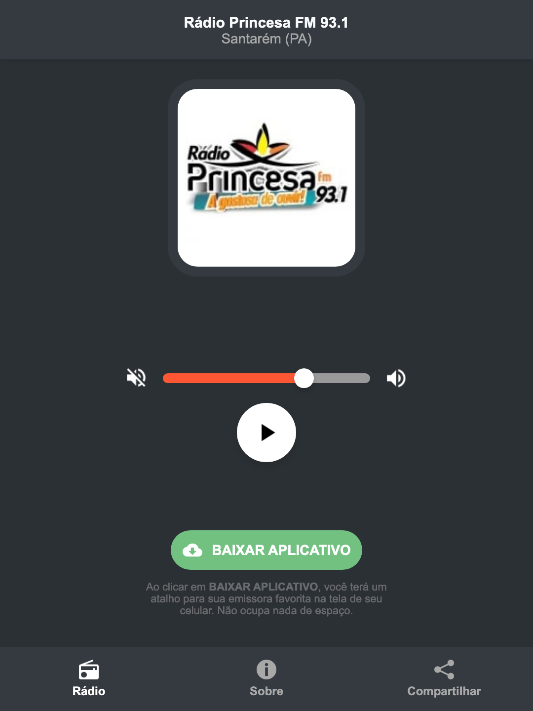 Screenshot do aplicativo da Rádio Princesa FM 93.1