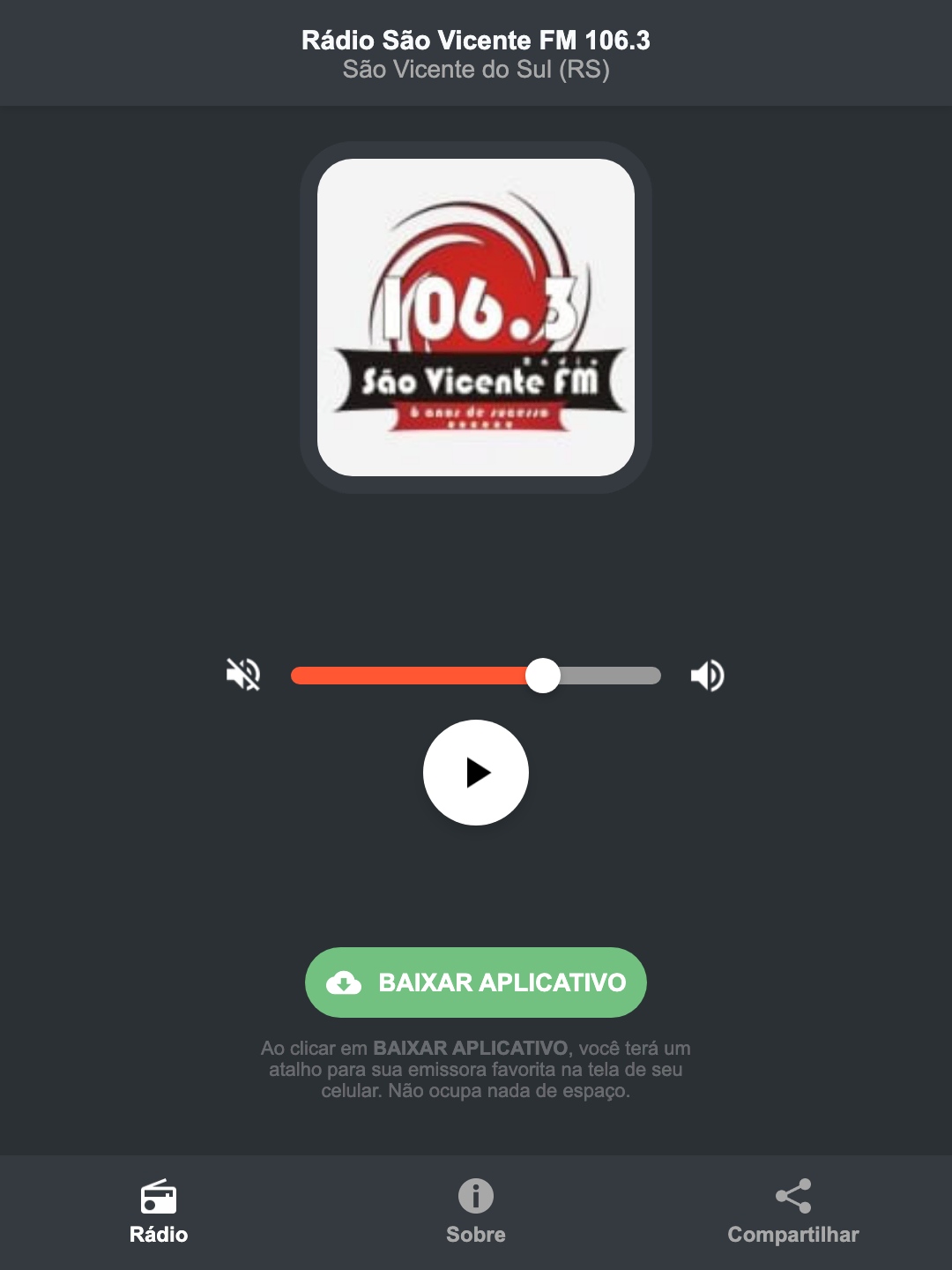 Screenshot do aplicativo da Rádio São Vicente FM 106.3