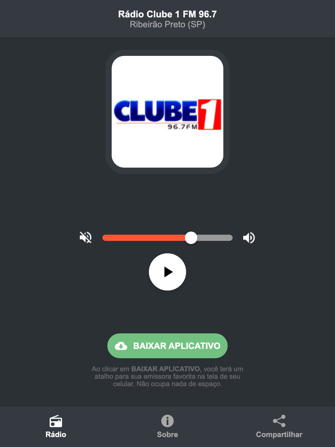 Screenshot do aplicativo da Rádio Clube 1 FM 96.7