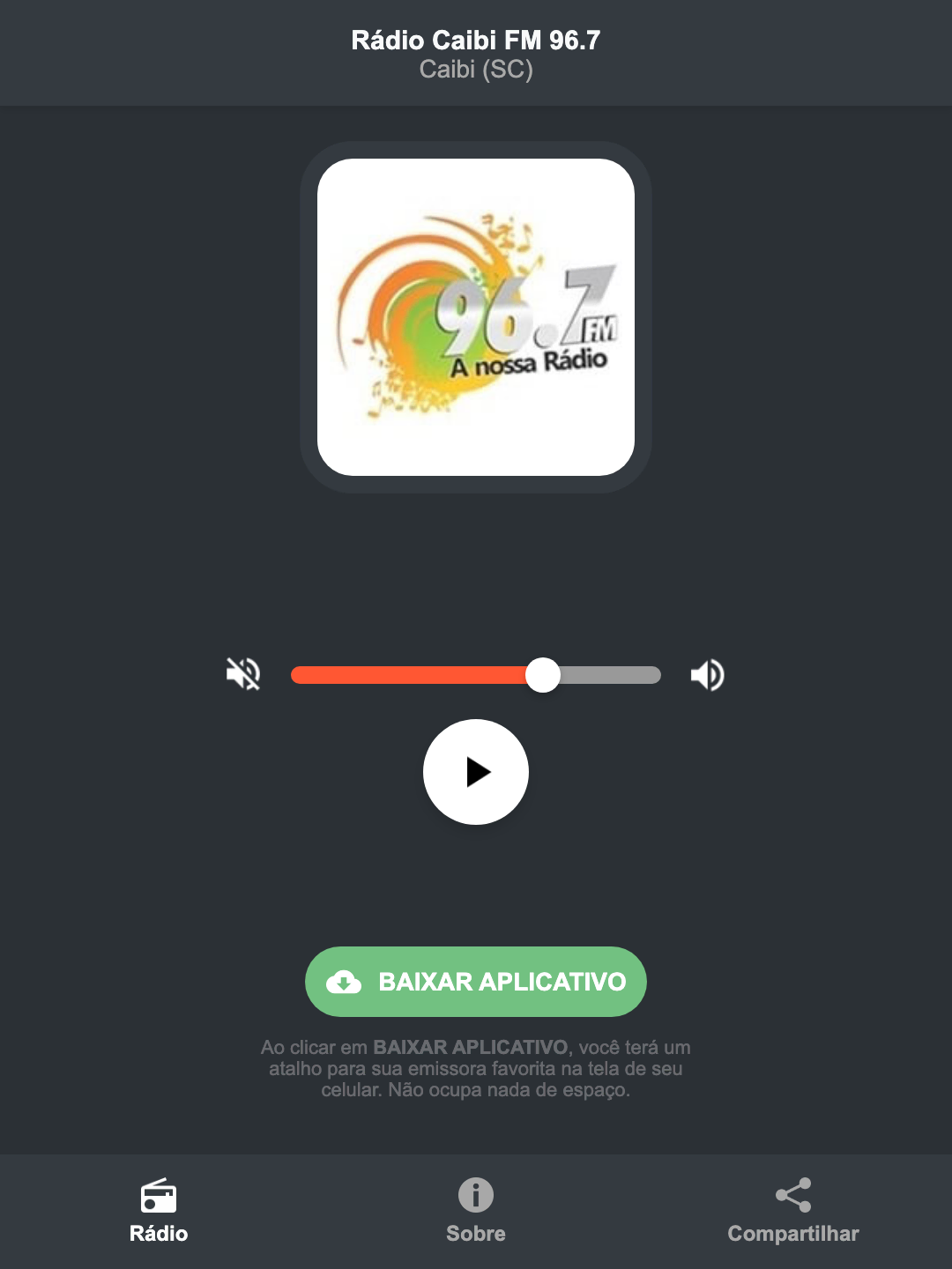 Screenshot do aplicativo da Rádio Caibi FM 96.7