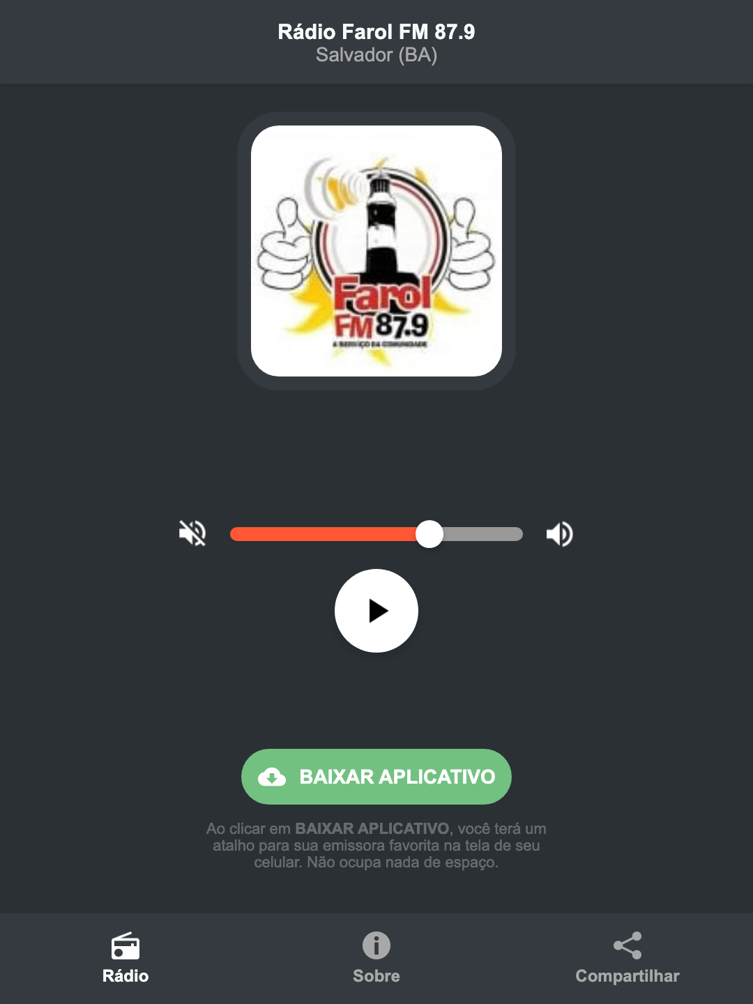 Screenshot do aplicativo da Rádio Farol FM 87.9