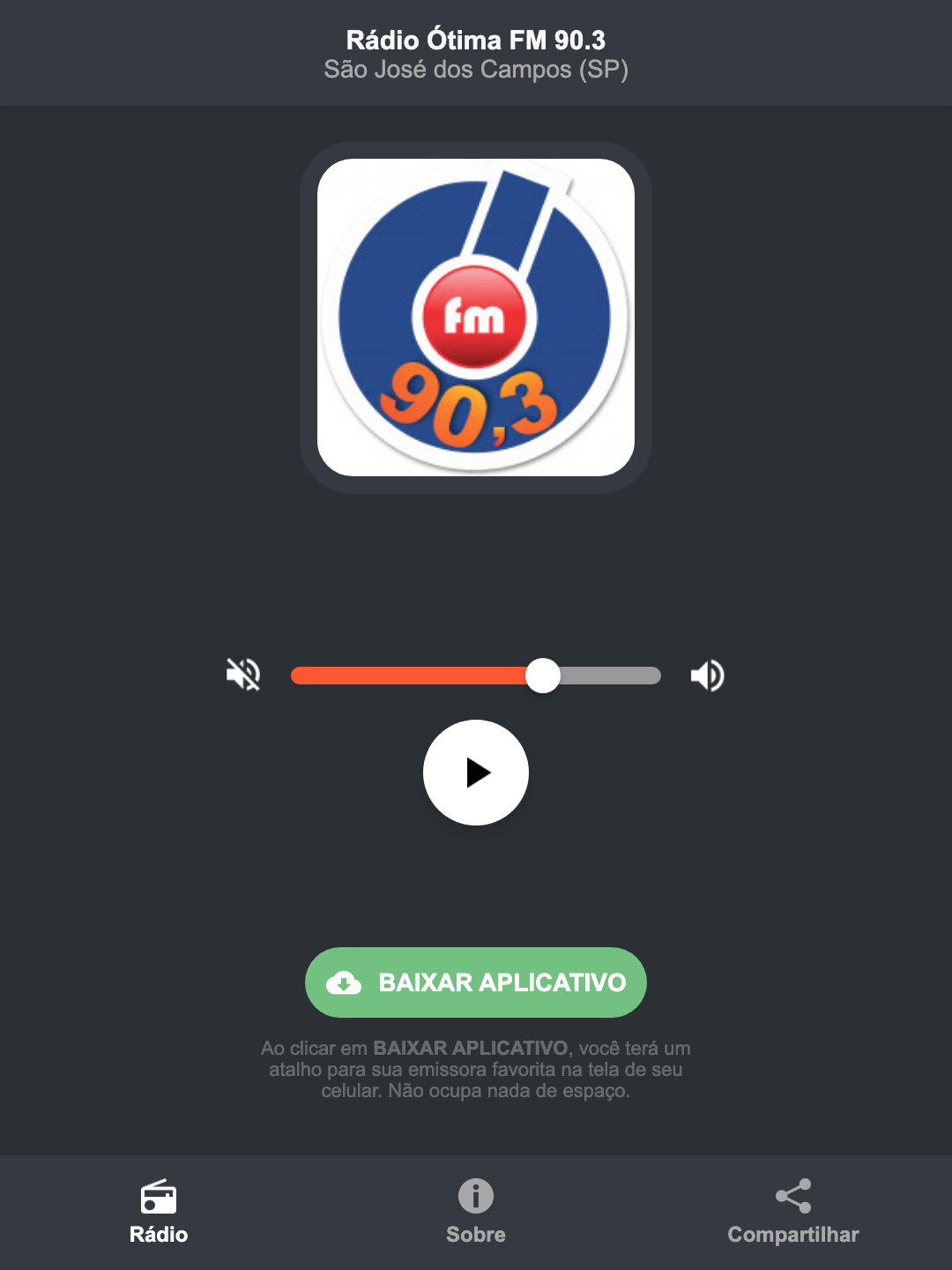 Screenshot do aplicativo da Rádio Ótima FM 90.3