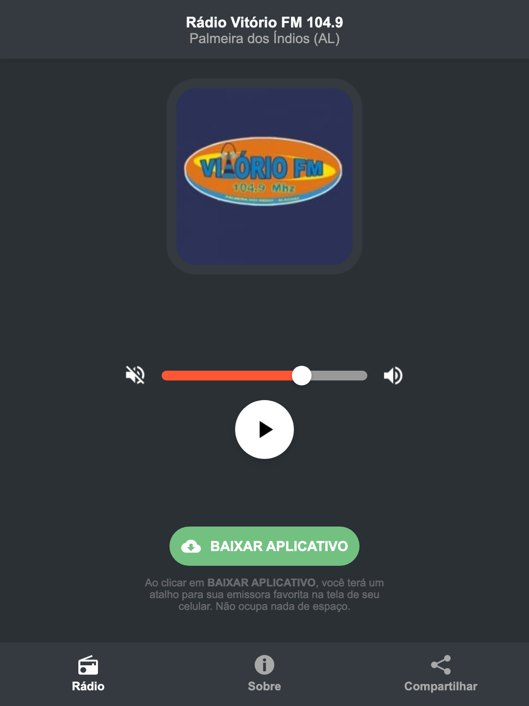 Screenshot do aplicativo da Rádio Vitório FM 104.9