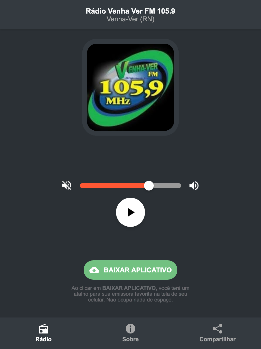 Screenshot do aplicativo da Rádio Venha Ver FM 105.9