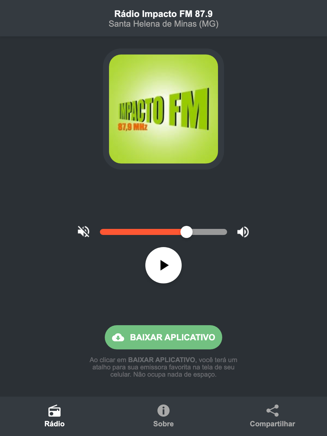 Screenshot do aplicativo da Rádio Impacto FM 87.9