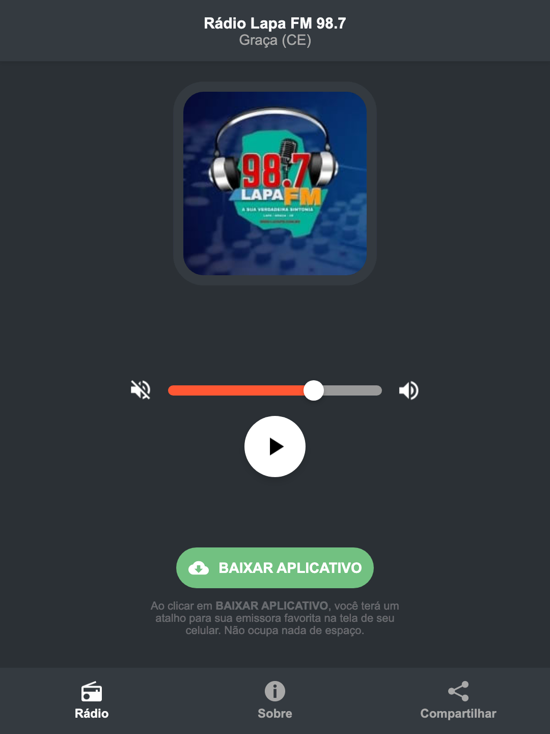 Screenshot do aplicativo da Rádio Lapa FM 98.7