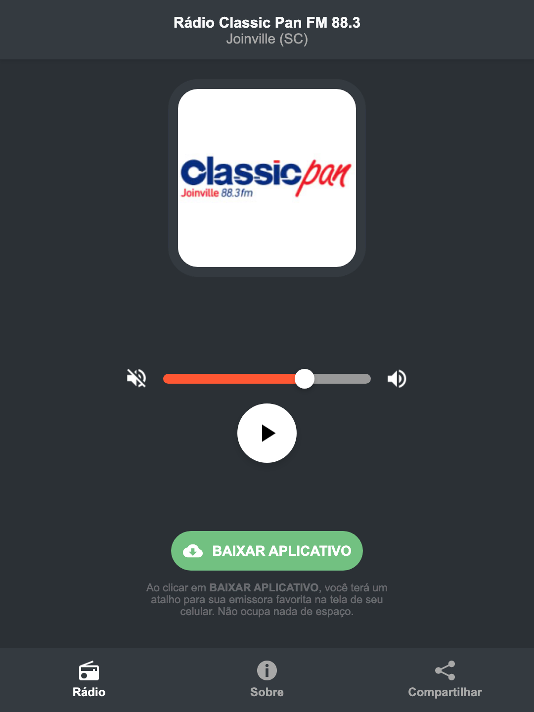 Screenshot do aplicativo da Rádio Classic Pan FM 88.3