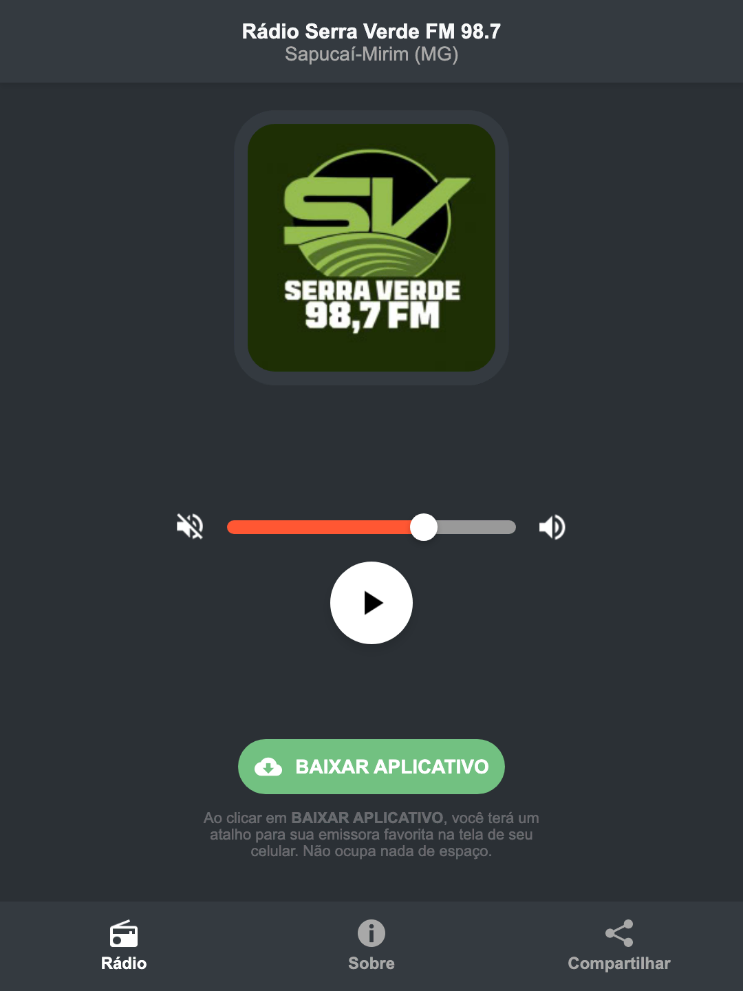 Screenshot do aplicativo da Rádio Serra Verde FM 98.7