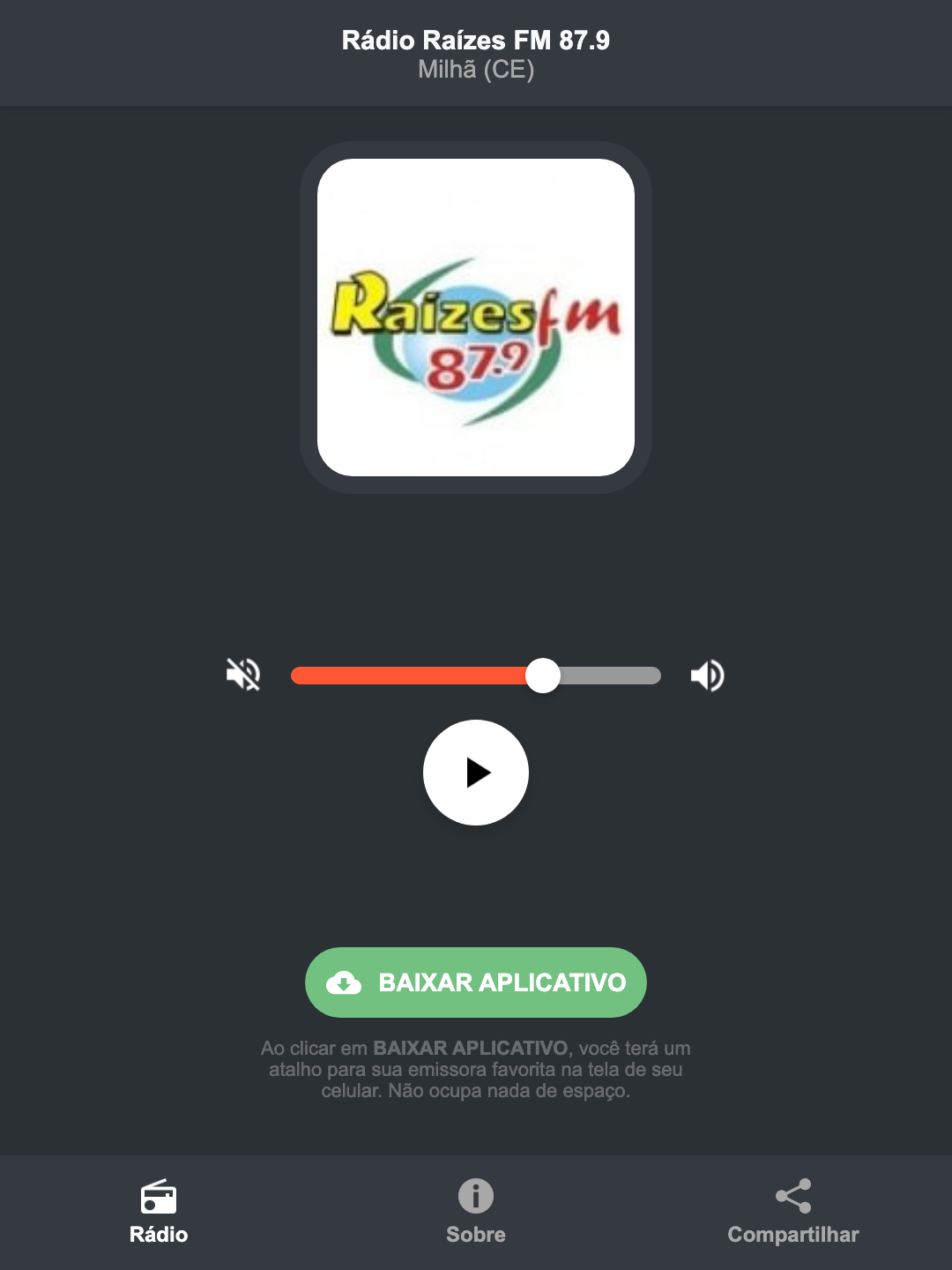 Screenshot do aplicativo da Rádio Raízes FM 87.9