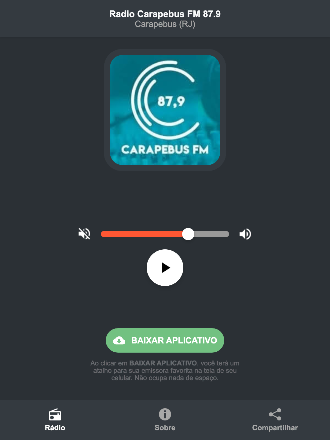 Screenshot do aplicativo da Radio Carapebus FM 87.9