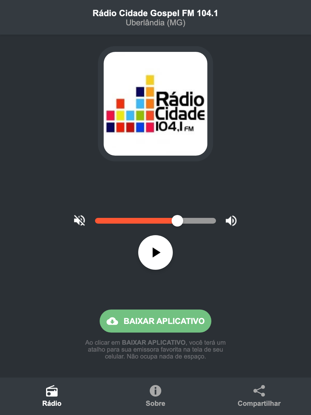 Screenshot do aplicativo da Rádio Cidade Gospel FM 104.1