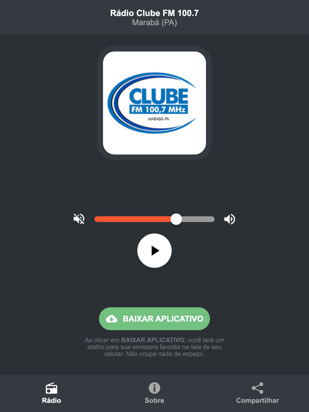 Screenshot do aplicativo da Rádio Clube FM 100.7