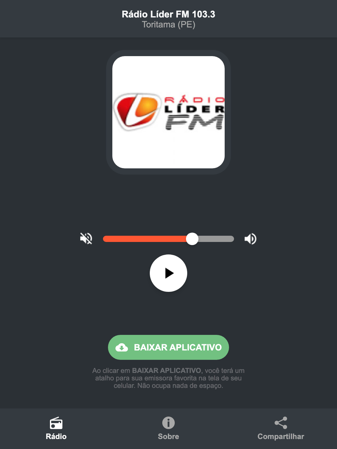 Screenshot do aplicativo da Rádio Líder FM 103.3