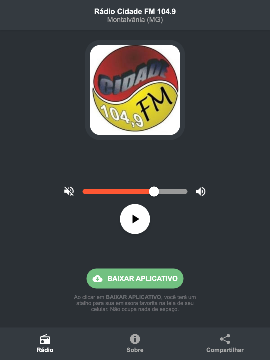 Screenshot do aplicativo da Rádio Cidade FM 104.9