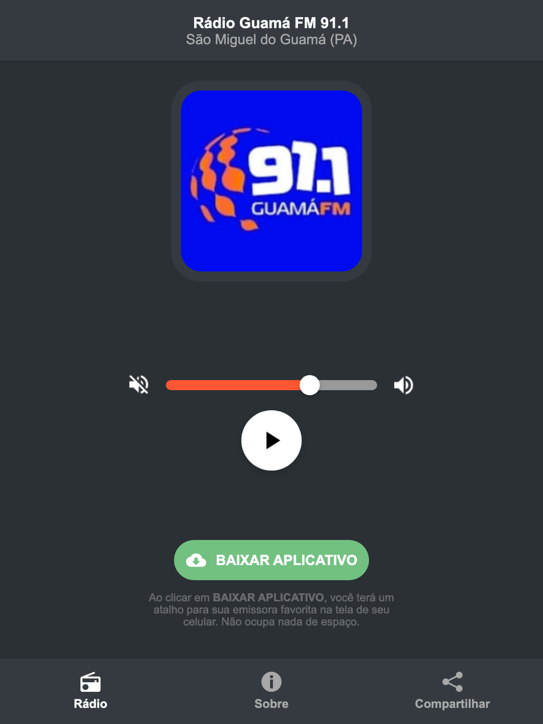 Screenshot do aplicativo da Rádio Guamá FM 91.1