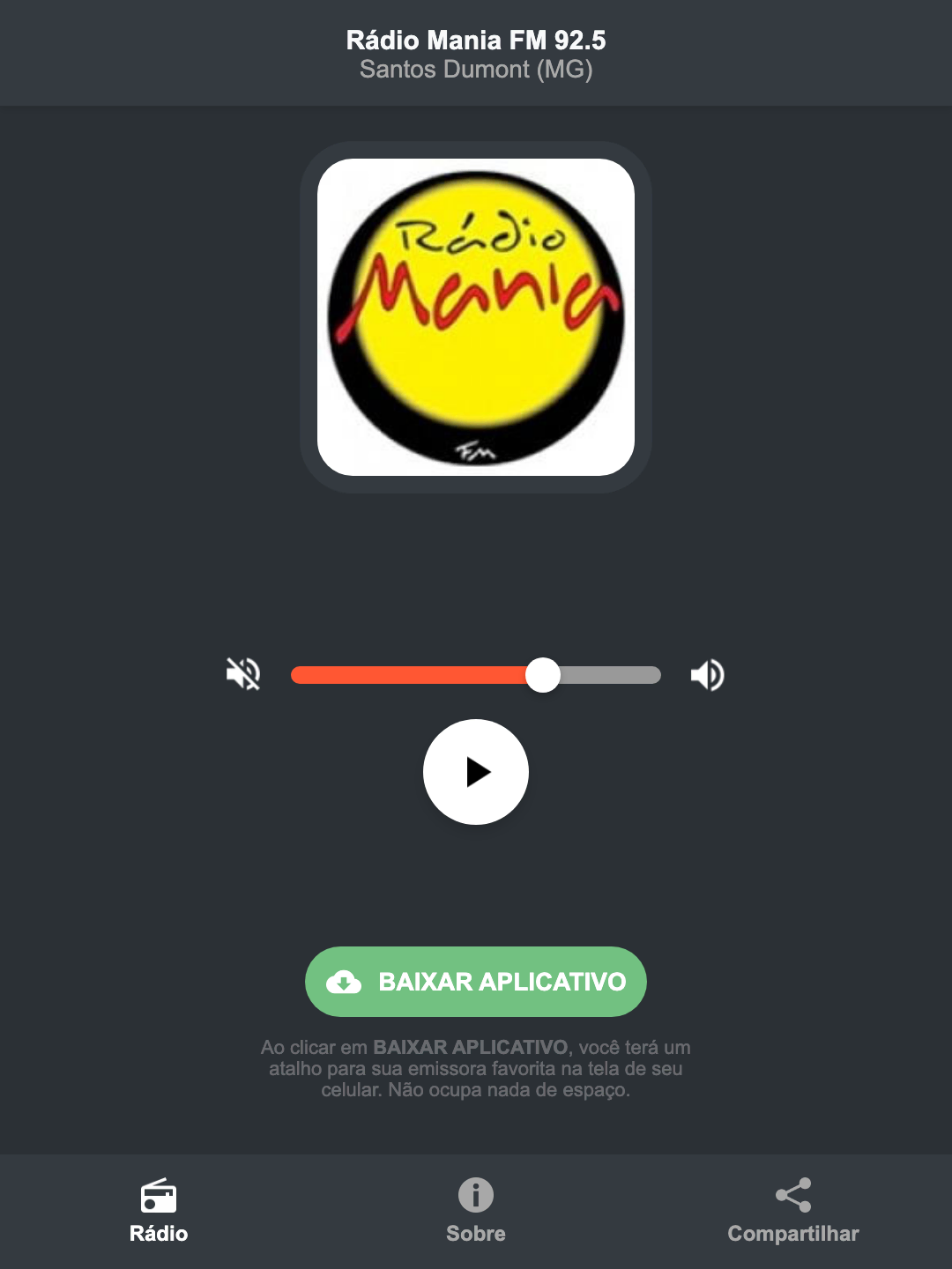 Screenshot do aplicativo da Rádio Mania FM 92.5