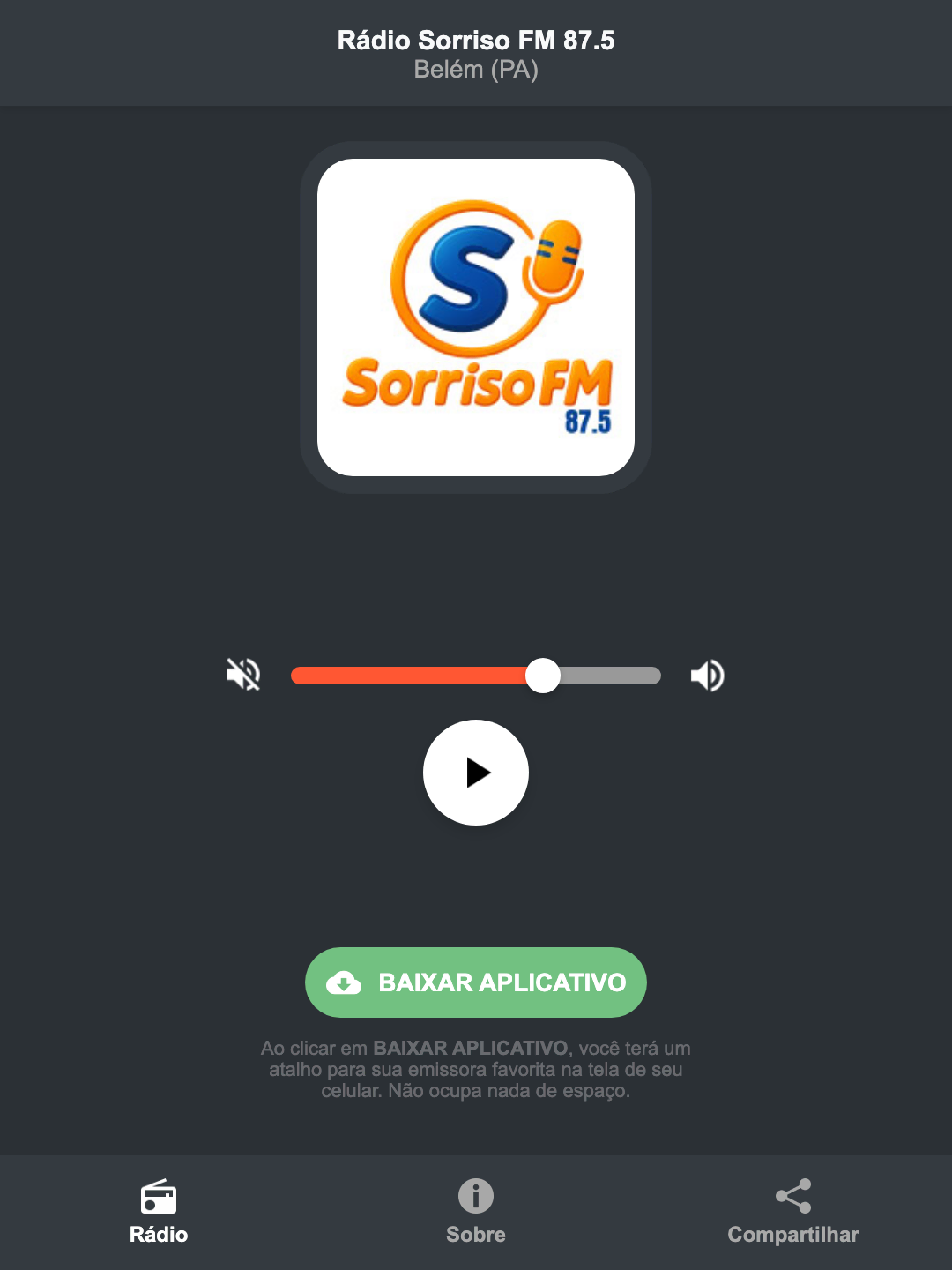 Screenshot do aplicativo da Rádio Sorriso FM 87.5