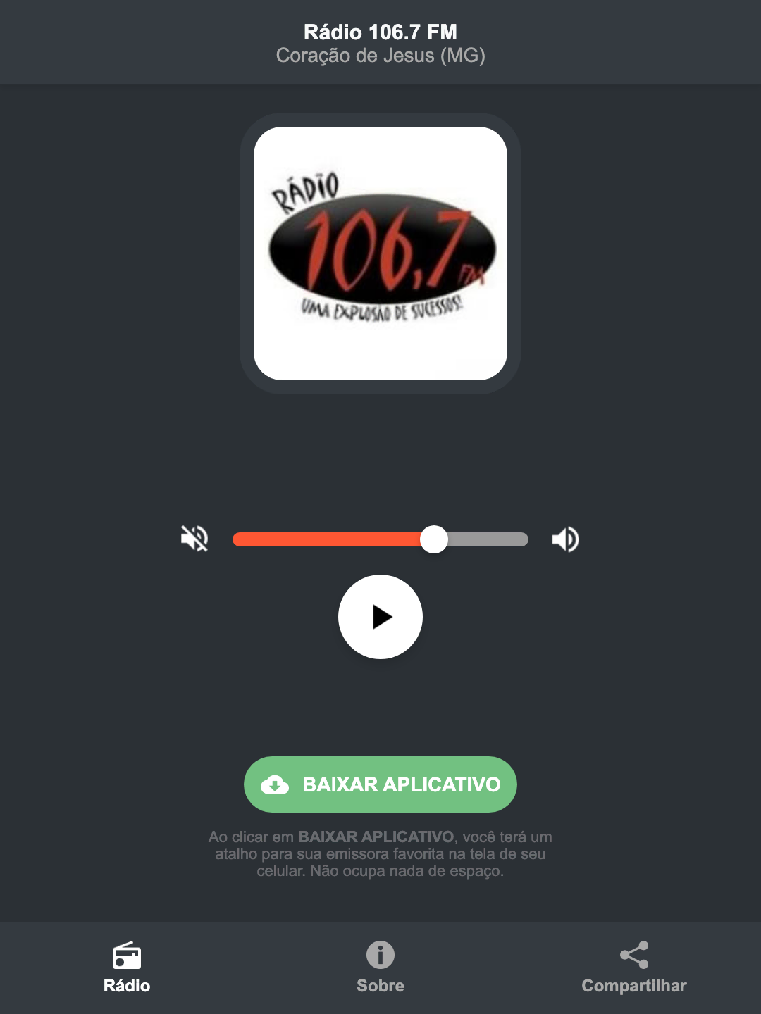 Screenshot do aplicativo da Rádio 106.7 FM