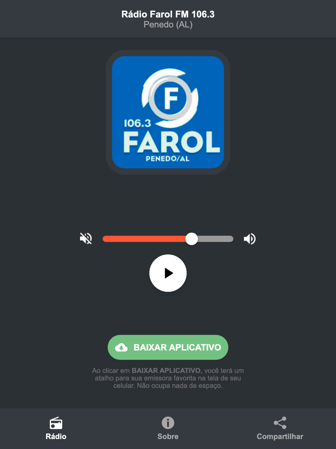Screenshot do aplicativo da Rádio Farol FM 106.3