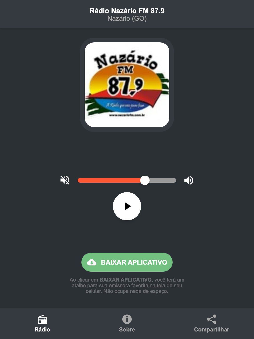 Screenshot do aplicativo da Rádio Nazário FM 87.9