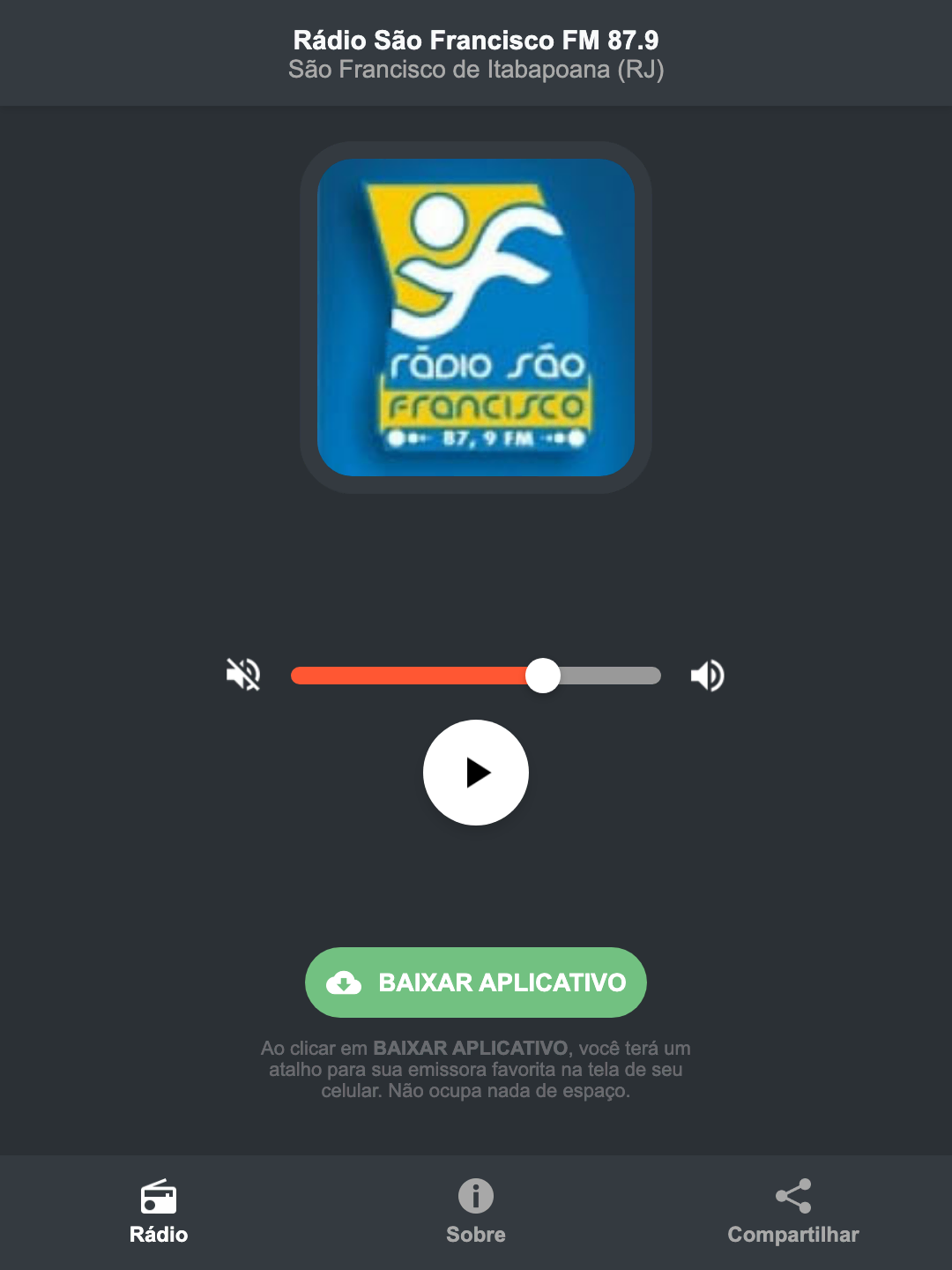 Screenshot do aplicativo da Rádio São Francisco FM 87.9