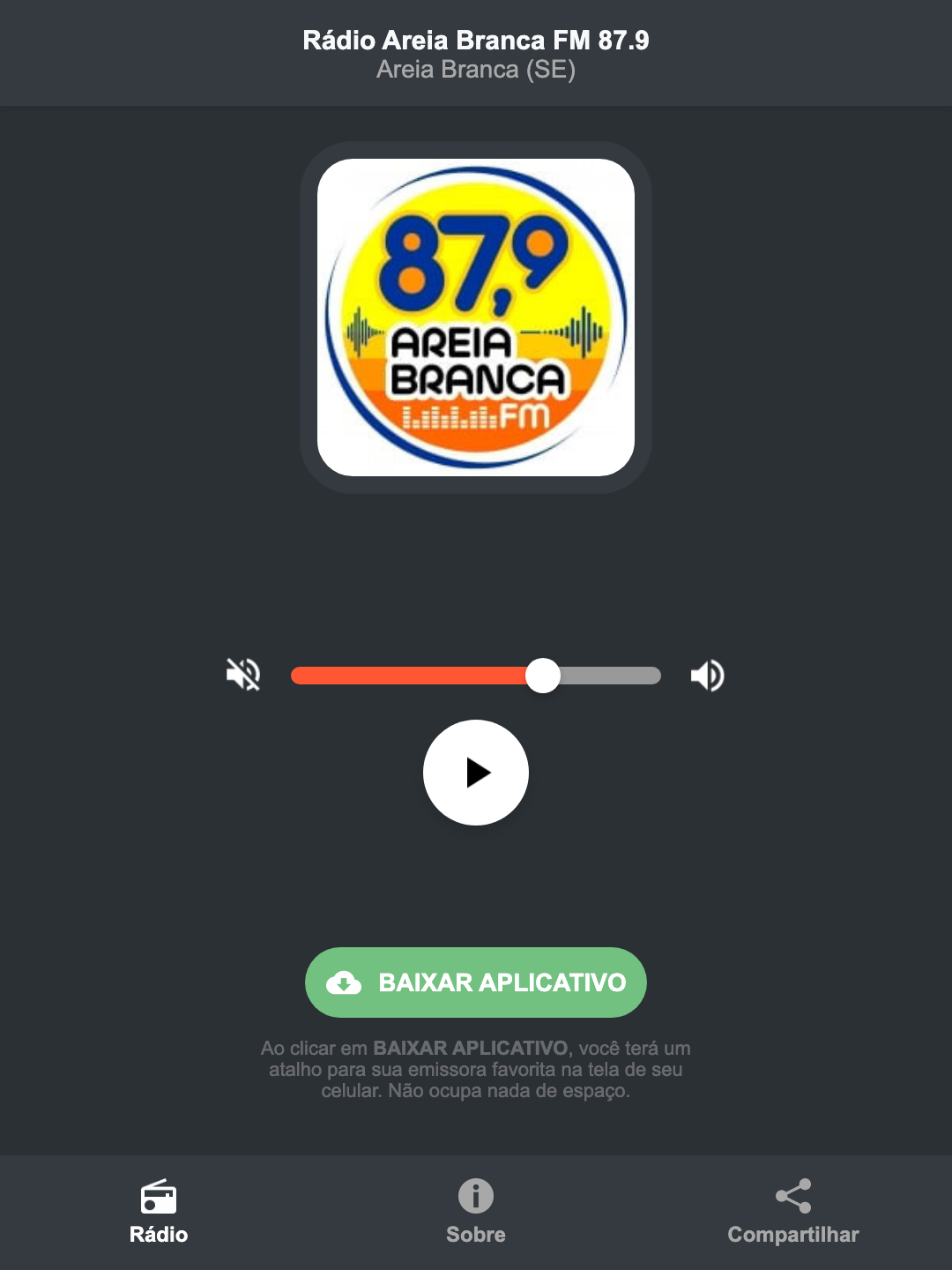 Screenshot do aplicativo da Rádio Areia Branca FM 87.9