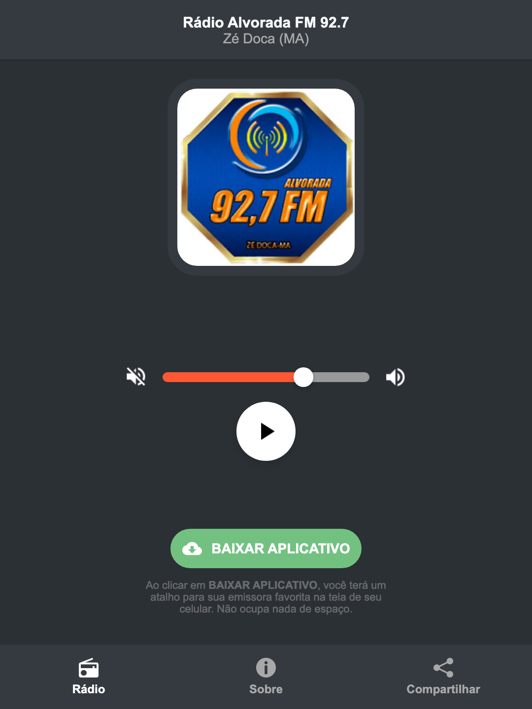 Screenshot do aplicativo da Rádio Alvorada FM 92.7