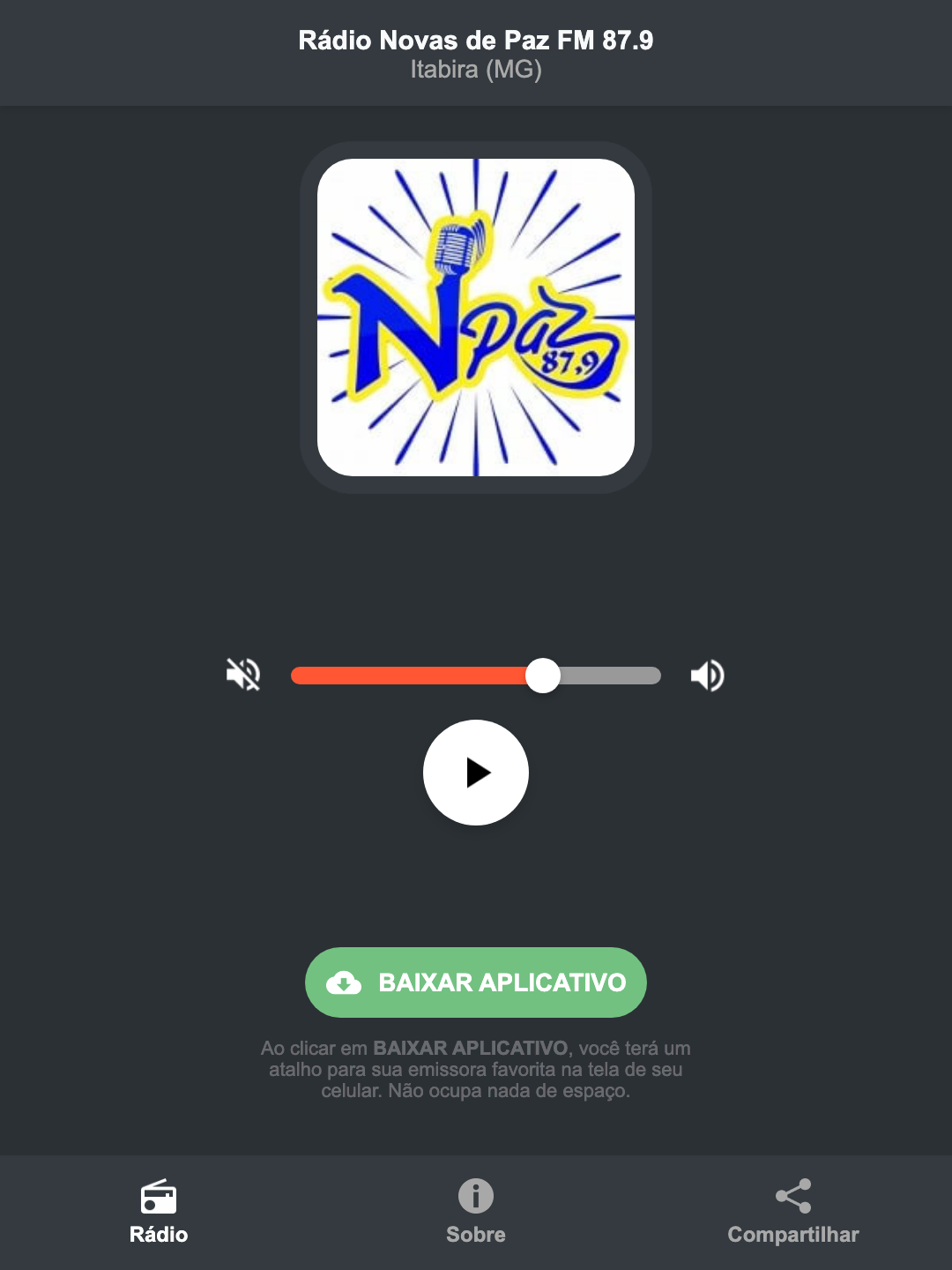 Screenshot do aplicativo da Rádio Novas de Paz FM 87.9