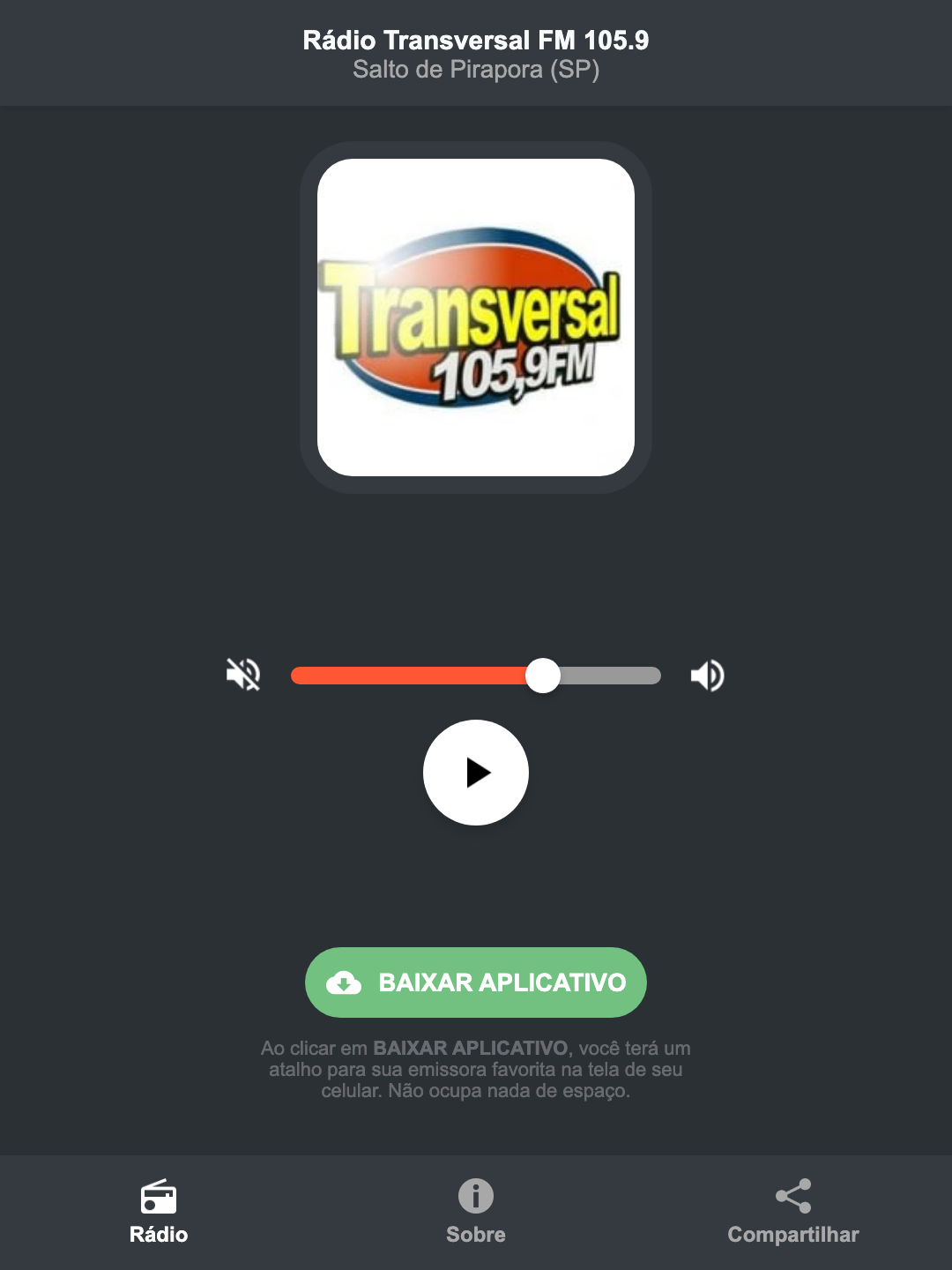 Screenshot do aplicativo da Rádio Transversal FM 105.9
