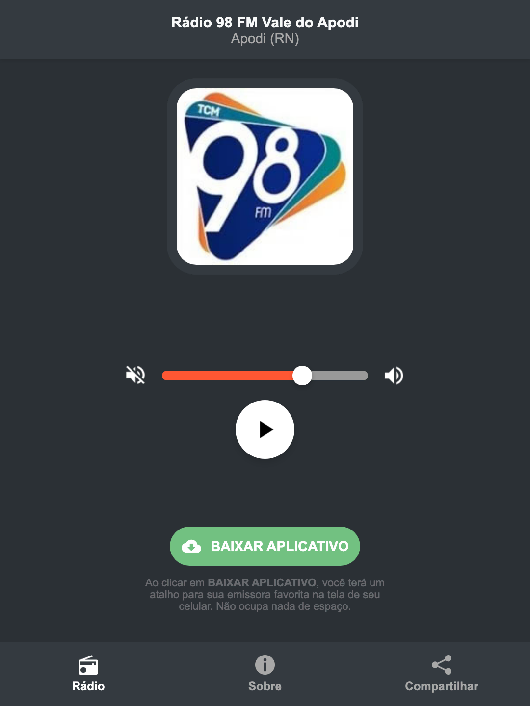 Screenshot do aplicativo da Rádio 98 FM Vale do Apodi