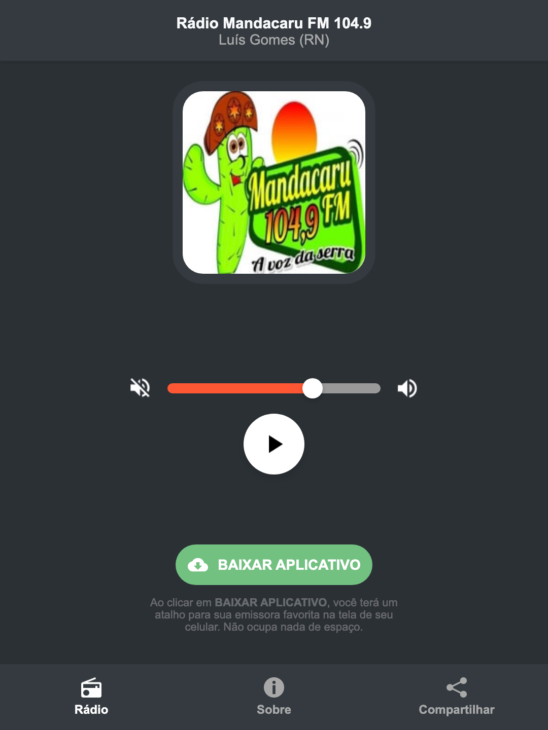 Screenshot do aplicativo da Rádio Mandacaru FM 104.9