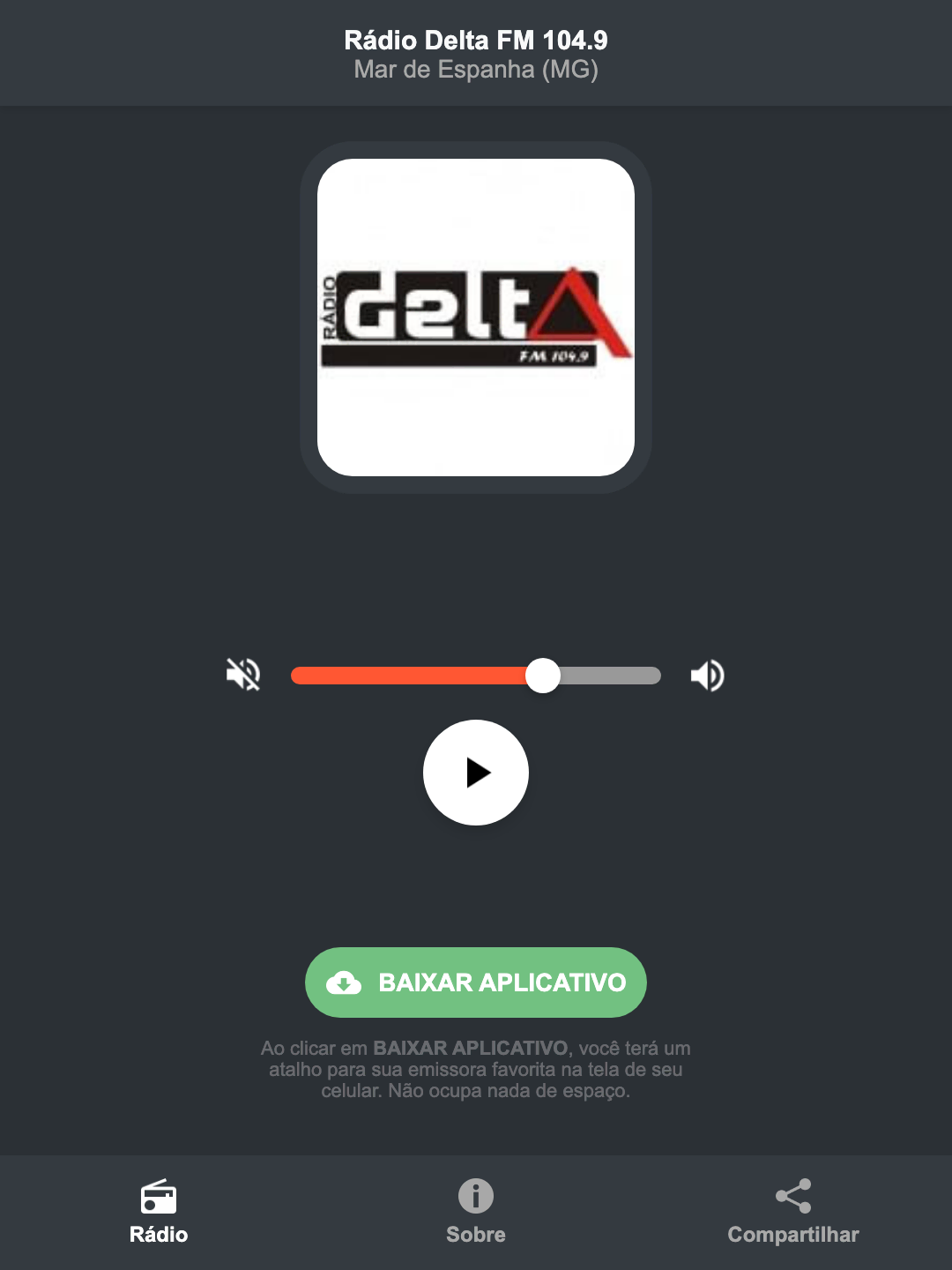 Screenshot do aplicativo da Rádio Delta FM 104.9