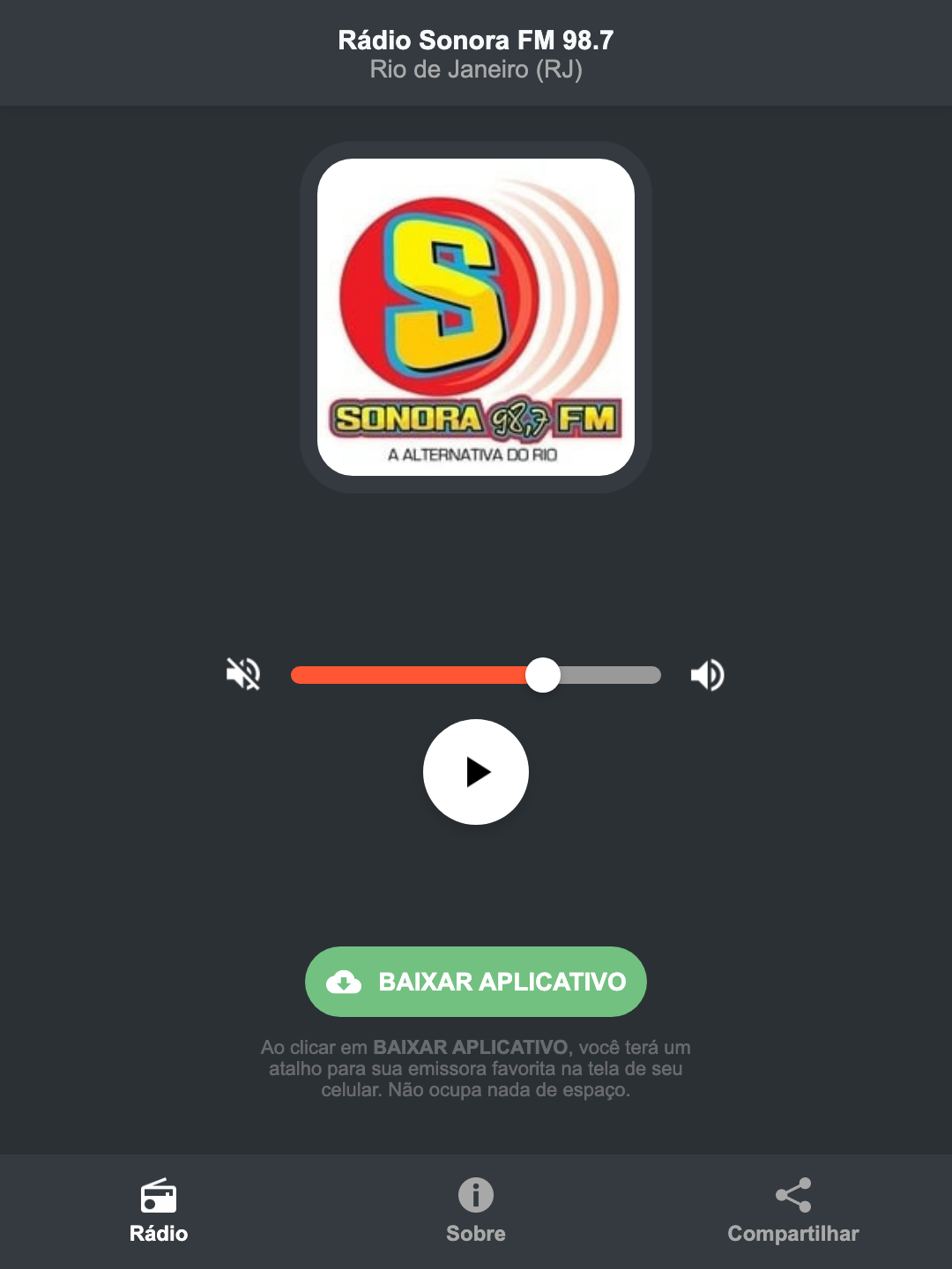 Screenshot do aplicativo da Rádio Sonora FM 98.7