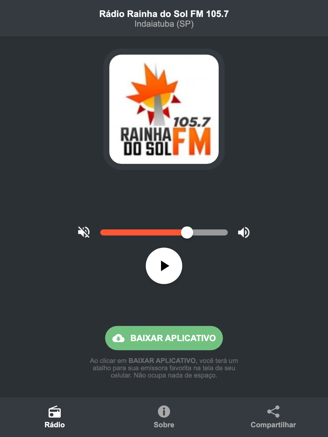 Screenshot do aplicativo da Rádio Rainha do Sol FM 105.7