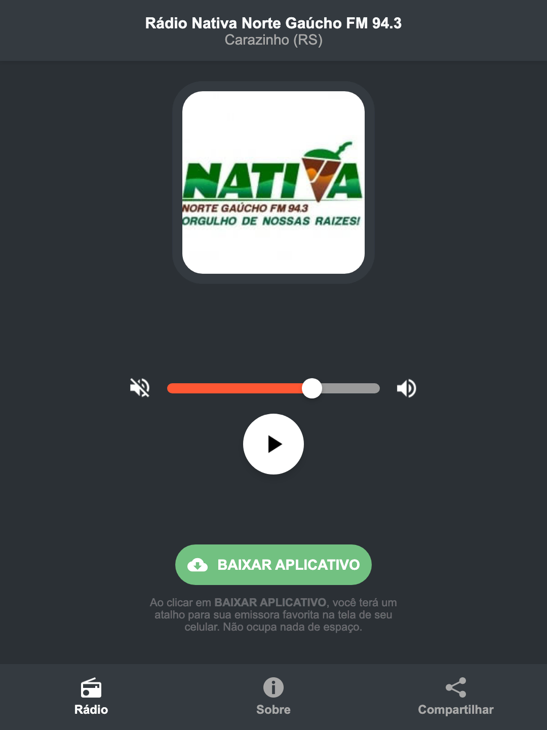 Screenshot do aplicativo da Rádio Nativa Norte Gaúcho FM 94.3