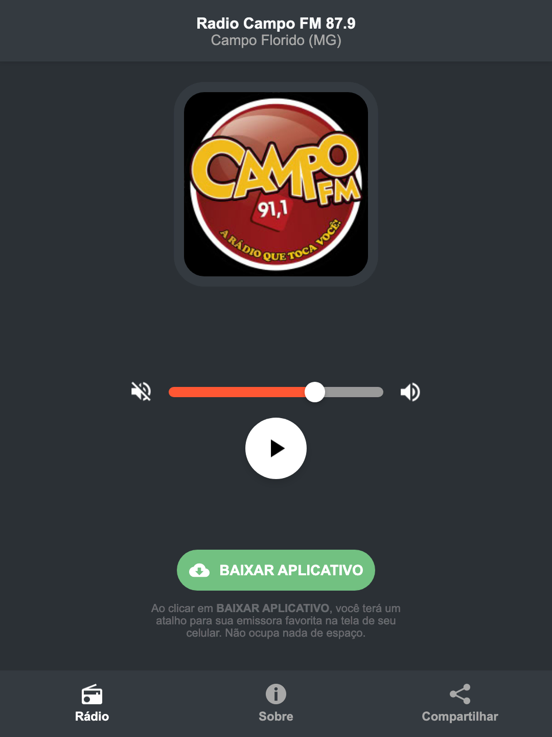Screenshot do aplicativo da Radio Campo FM 87.9