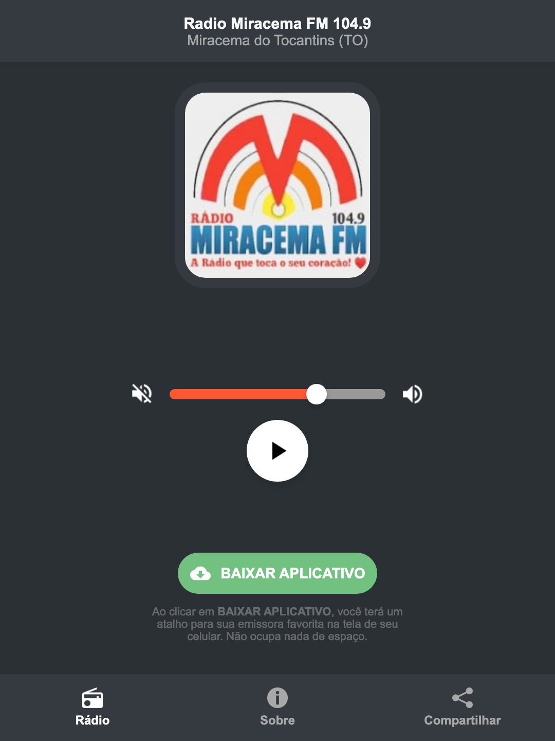 Screenshot do aplicativo da Radio Miracema FM 104.9
