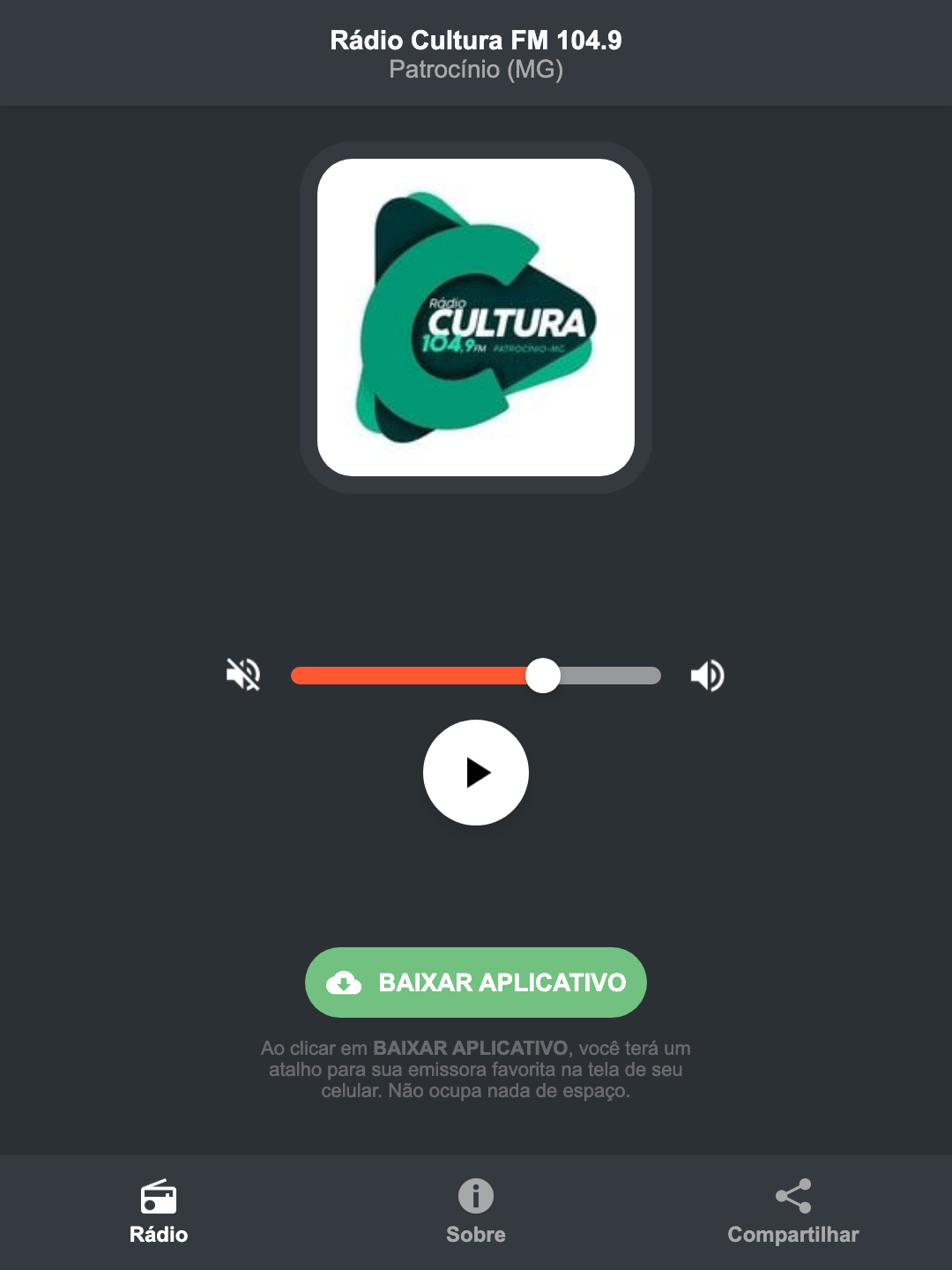 Screenshot do aplicativo da Rádio Cultura FM 104.9