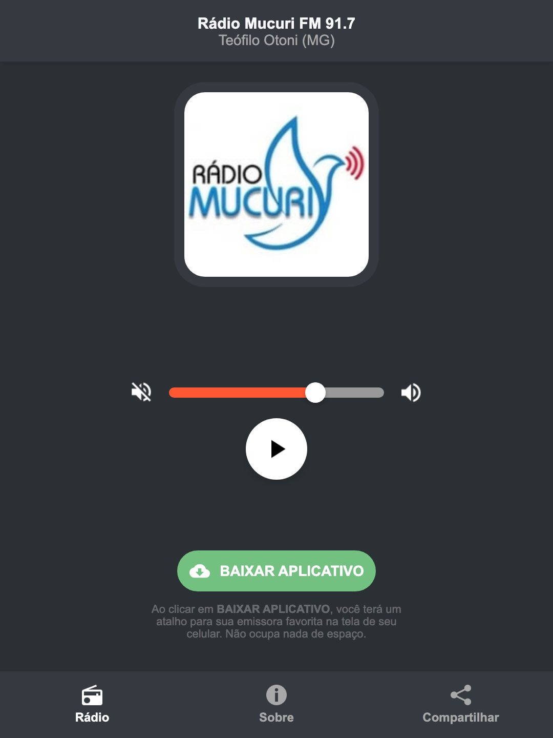 Screenshot do aplicativo da Rádio Mucuri FM 91.7
